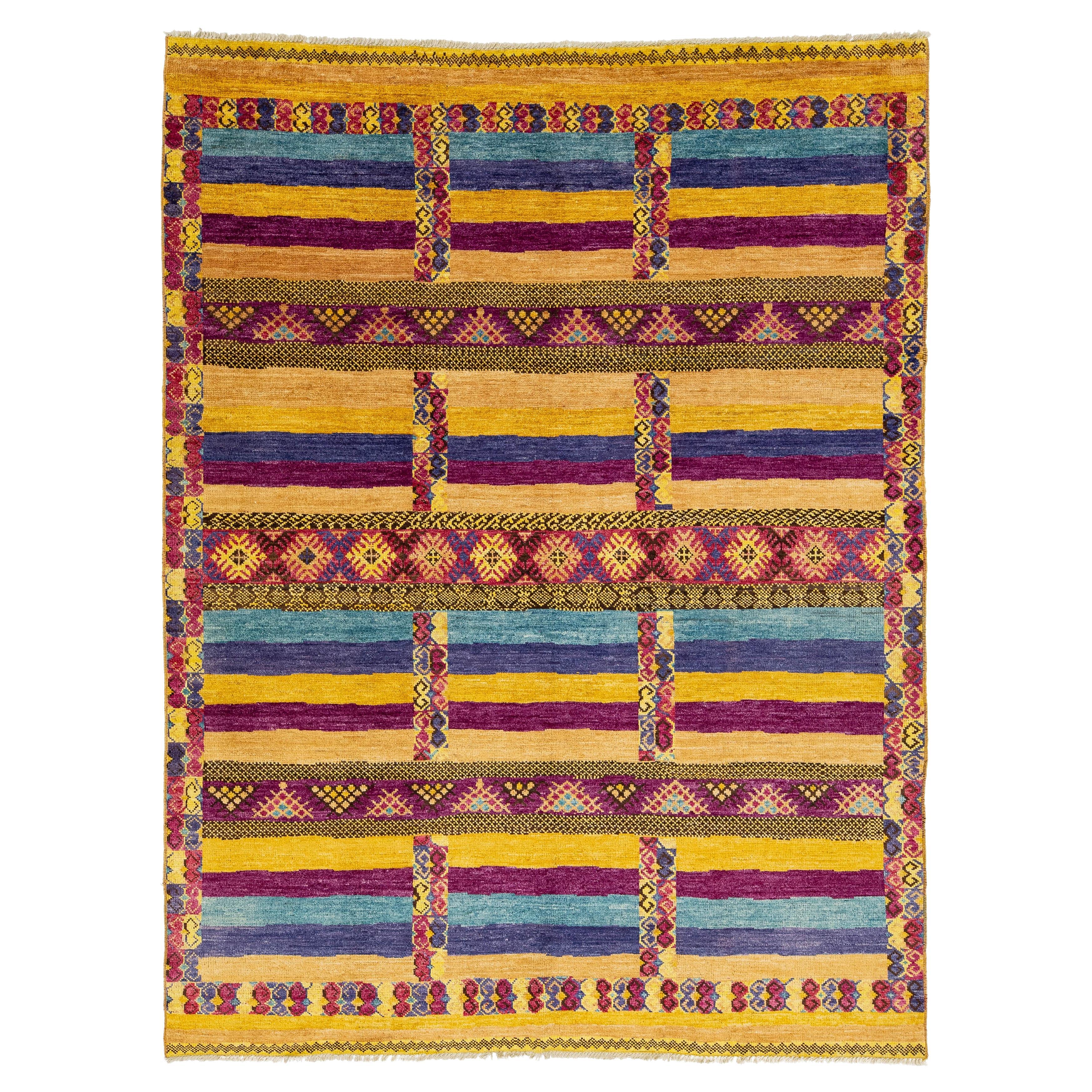 Tappeto in lana marocchina 9 x12 a strisce geometriche multicolore e vibrante in vendita