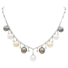 9.0-9.5mm South Sea Multi-Color Pearl Necklace Elegant Jewelry, 18K White Gold