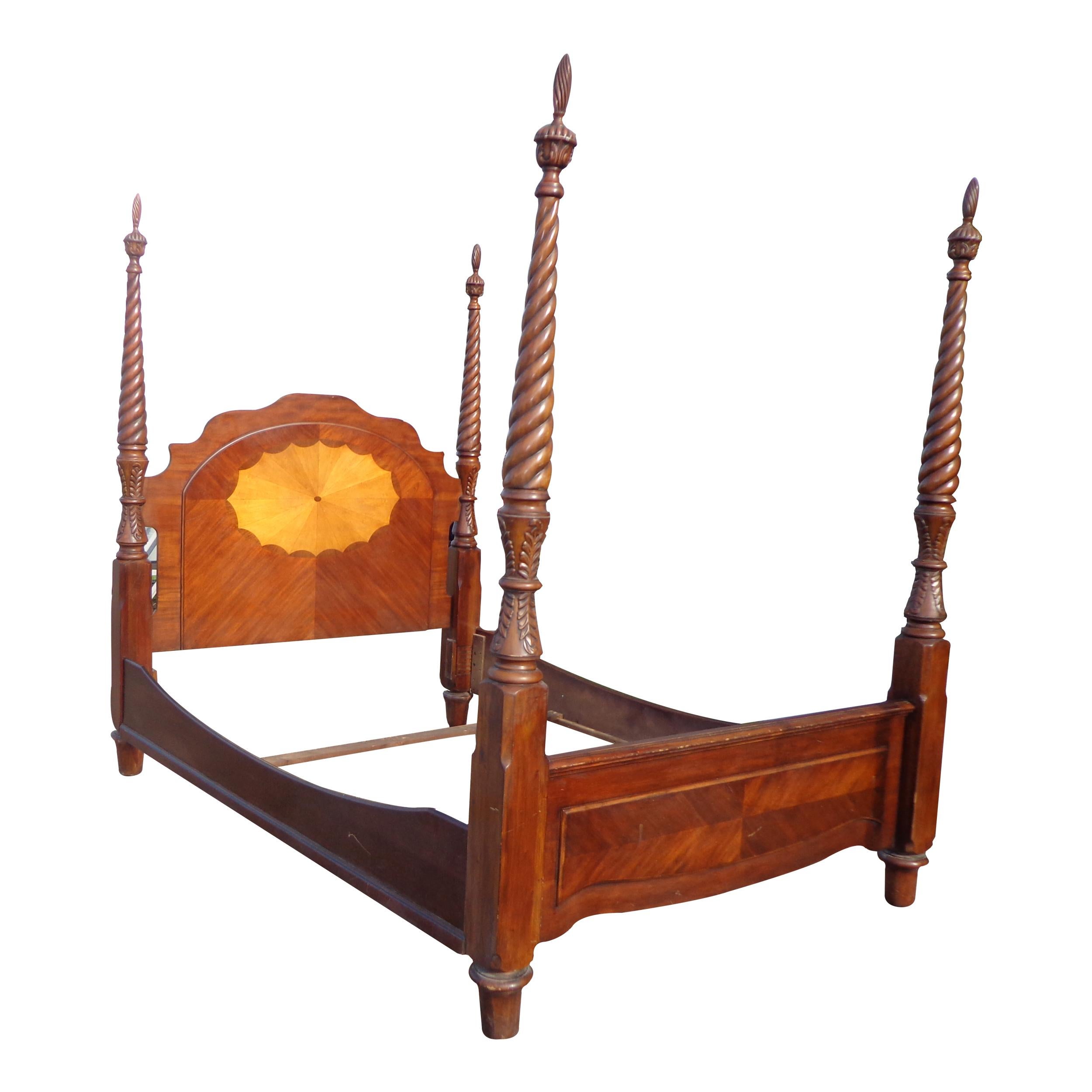 Antique style 4 poster bed

Modern reproduction of a 4 poster bed with carved turned twist posts. Beautiful marquentry inlays in cherry. Measures 90