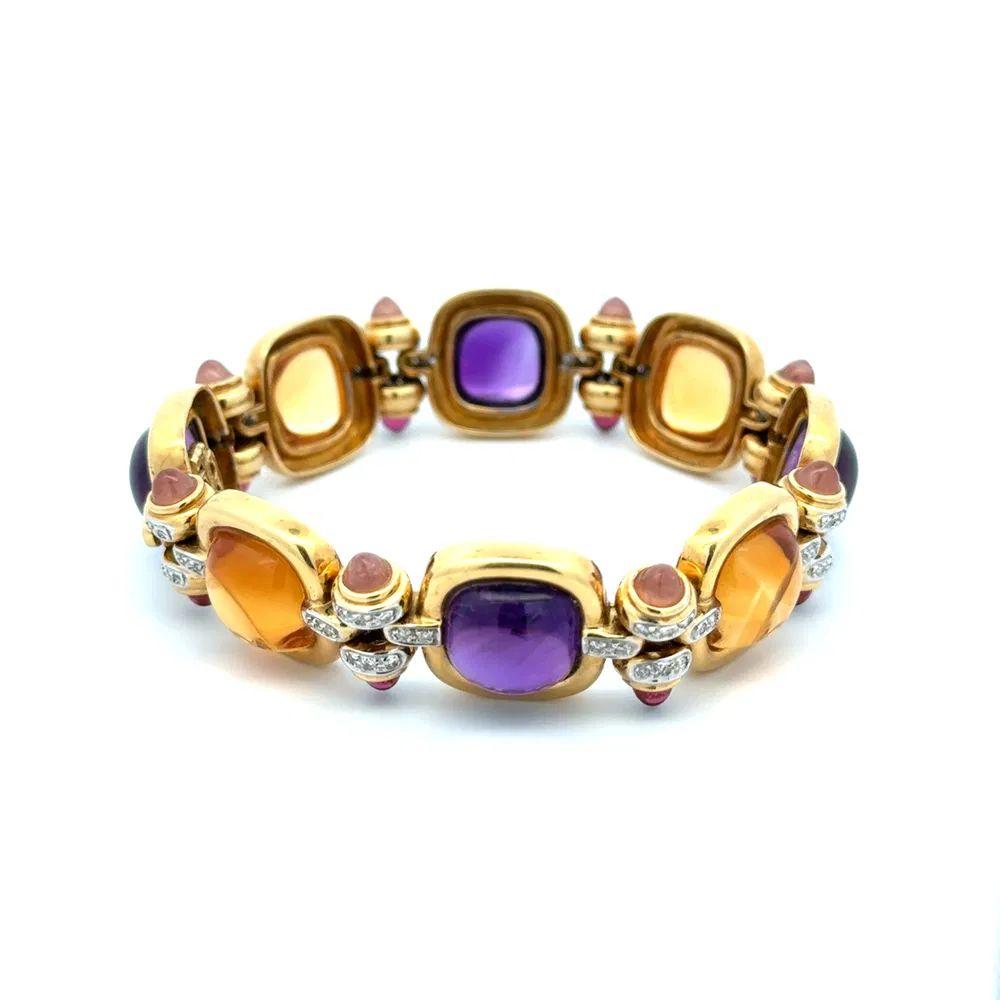 Tout simplement magnifique ! Bracelet vintage en or orné d'améthyste et de citrine et de diamants RBC. Ce bracelet est composé d'une améthyste et d'une citrine de 90 carats et de diamants ronds de taille brillant de 0,80 ctcw. Entre les deux,