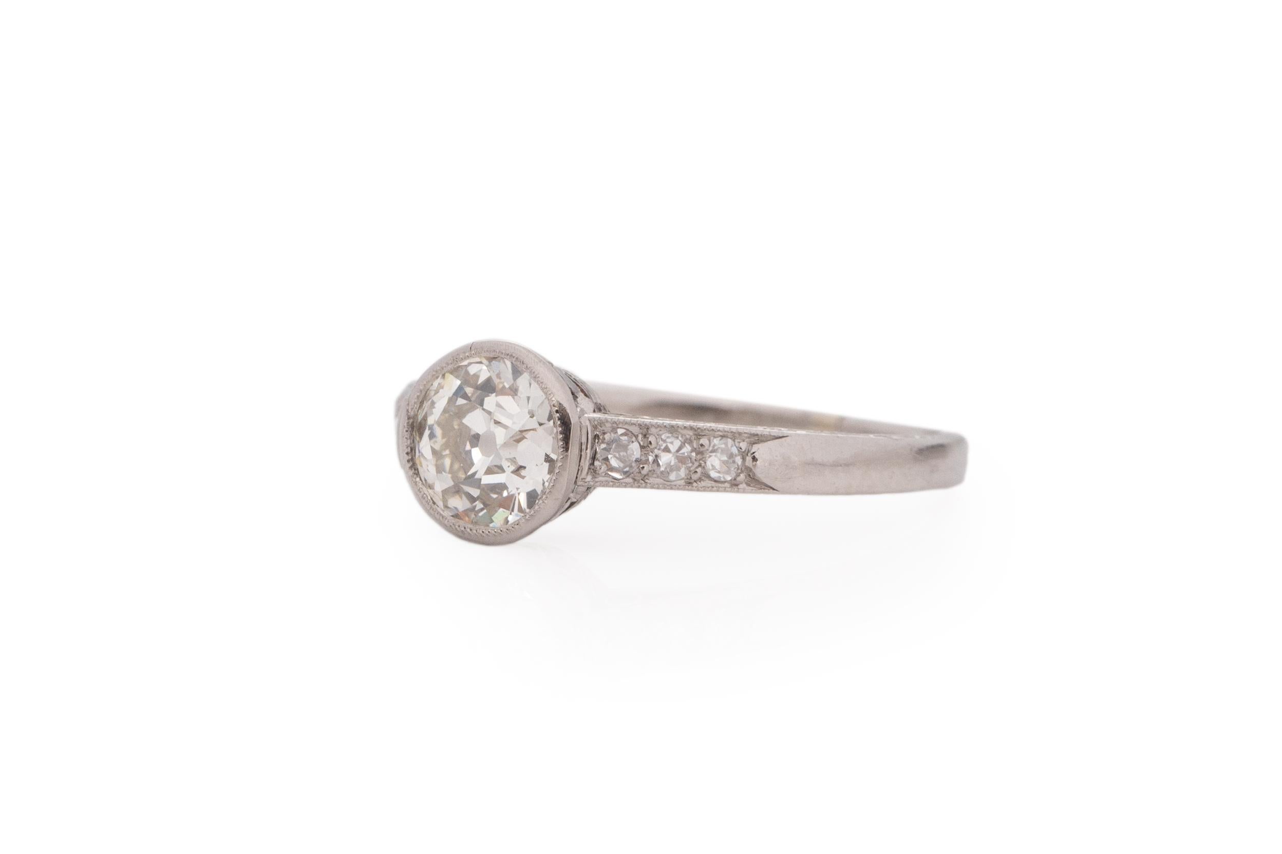 Ring Size: 7.5
Metal Type: Platinum [Hallmarked, and Tested]
Weight: 3.0 grams

Center Diamond Details:
Weight: .90carat
Cut: Old European brilliant
Color: J
Clarity: SI1

Side Stone Details:
Weight: .15carat, total weight
Cut: Antique European