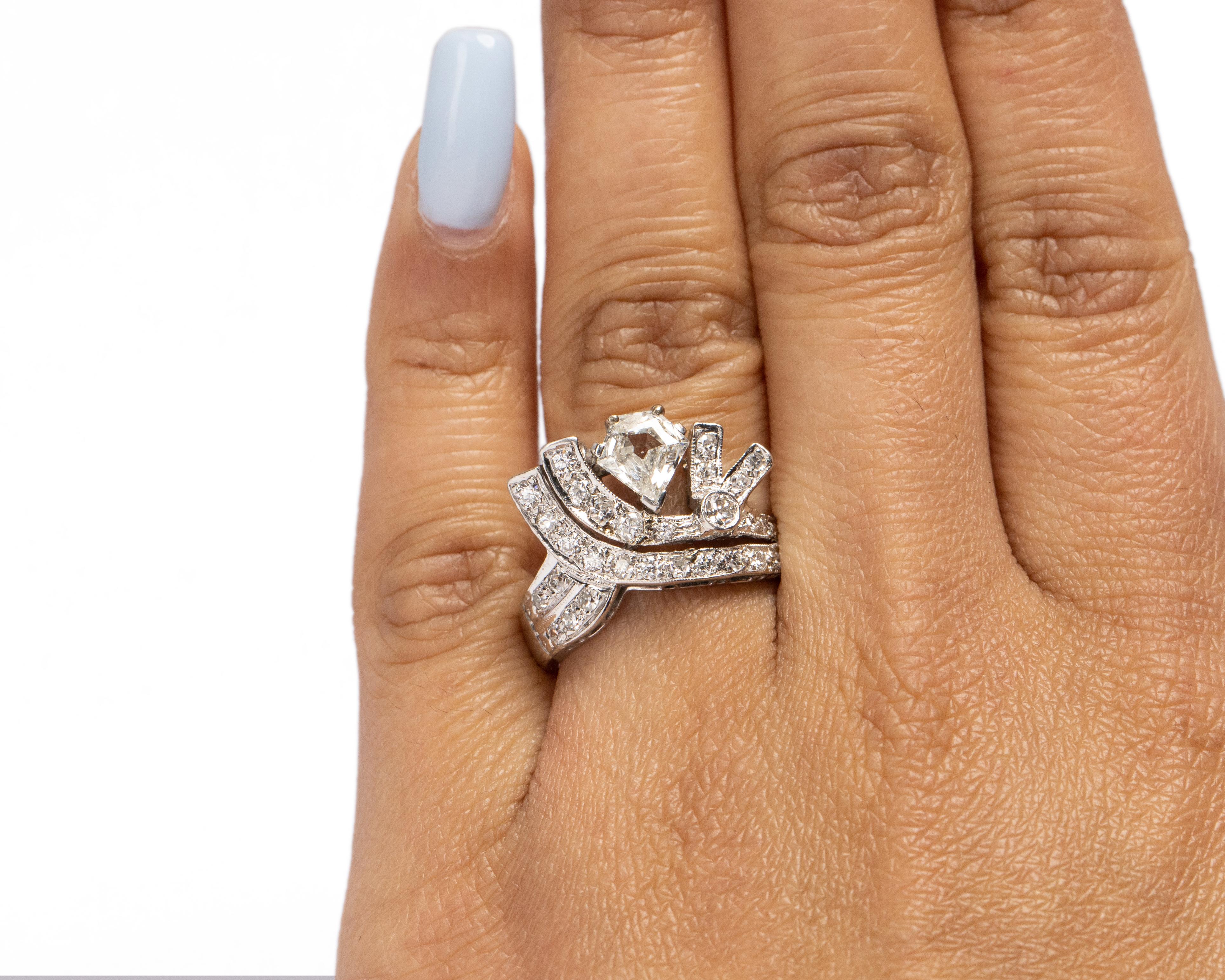 Women's .90 Carat Art Deco Shield Diamond Platinum Engagement Ring