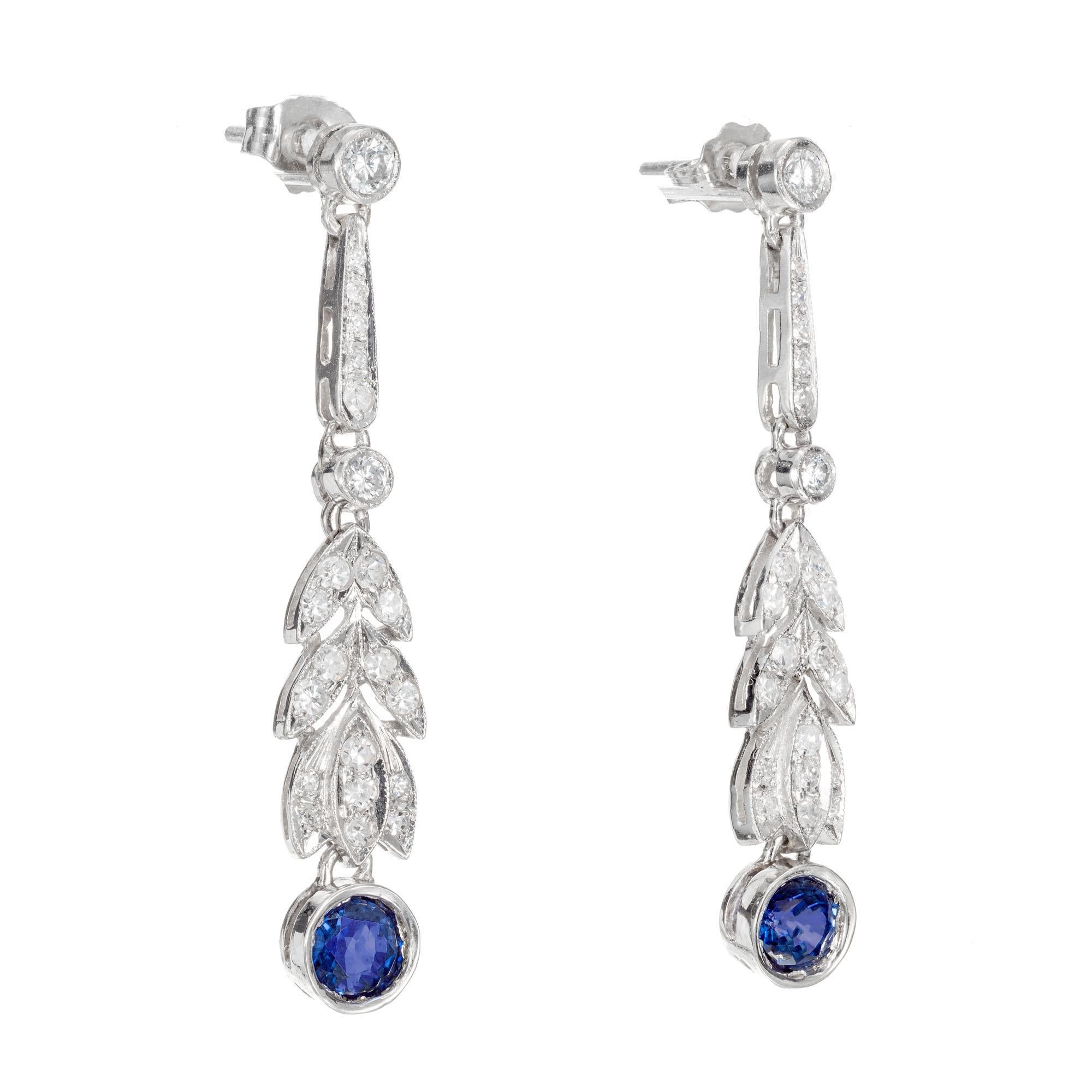 Women's .90 Carat Blue Sapphire Diamond Platinum Art Deco Dangle Drop Earrings