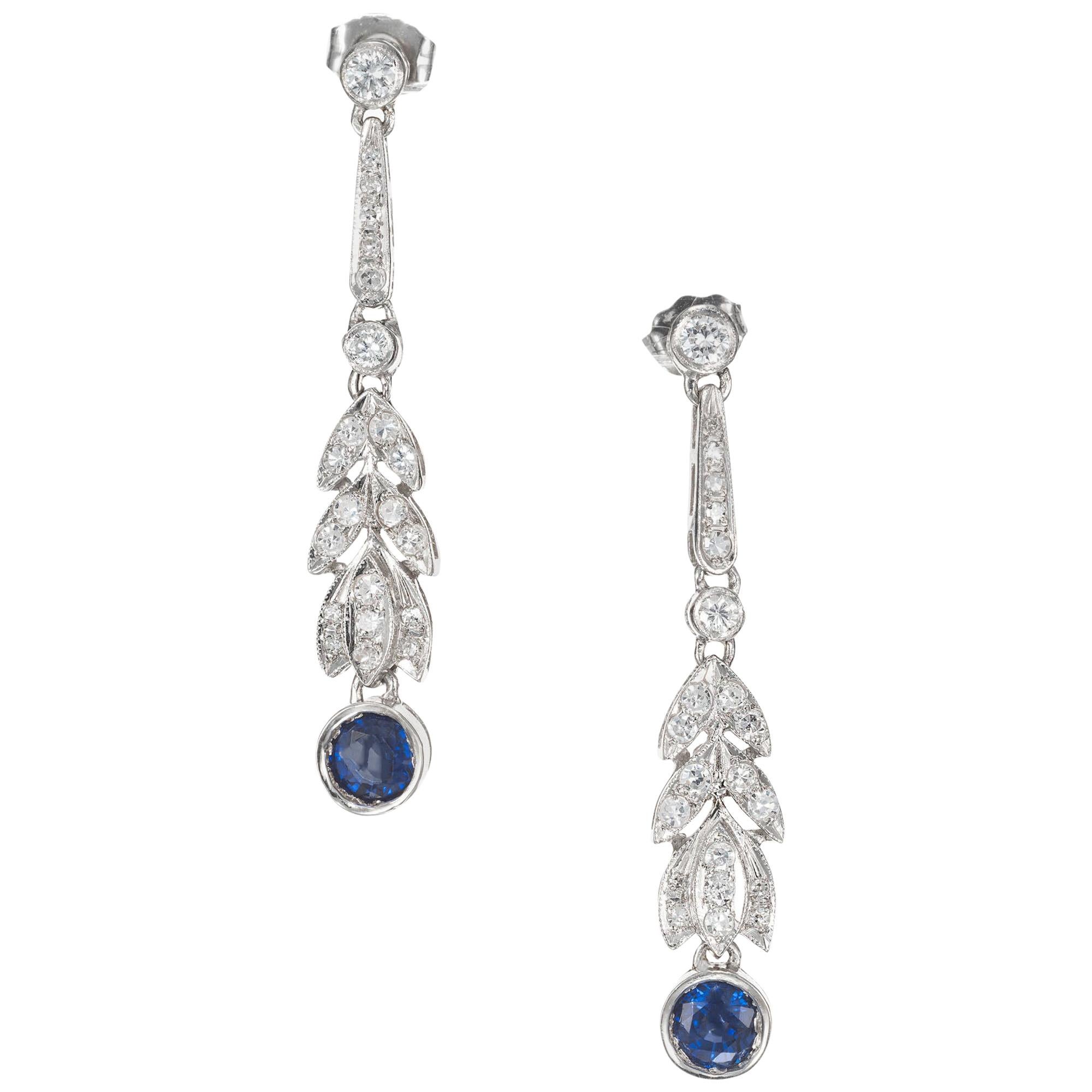 .90 Carat Blue Sapphire Diamond Platinum Art Deco Dangle Drop Earrings