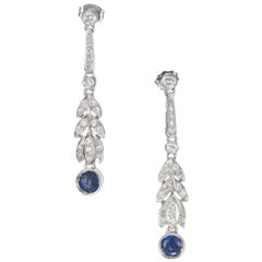 Antique .90 Carat Blue Sapphire Diamond Platinum Art Deco Dangle Drop Earrings