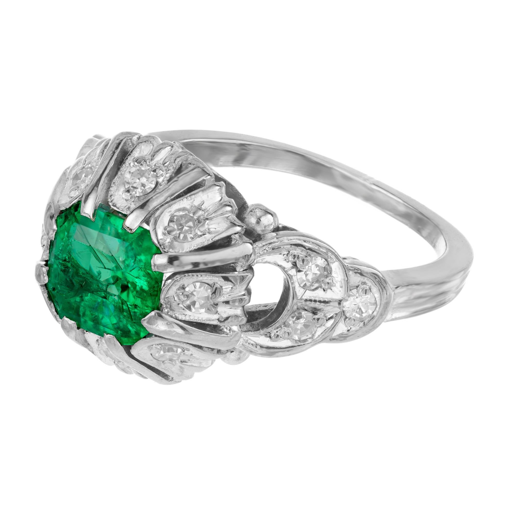 Oval Cut .90 Carat Bright Green Emerald Diamond Platinum Victorian Engagement Ring For Sale