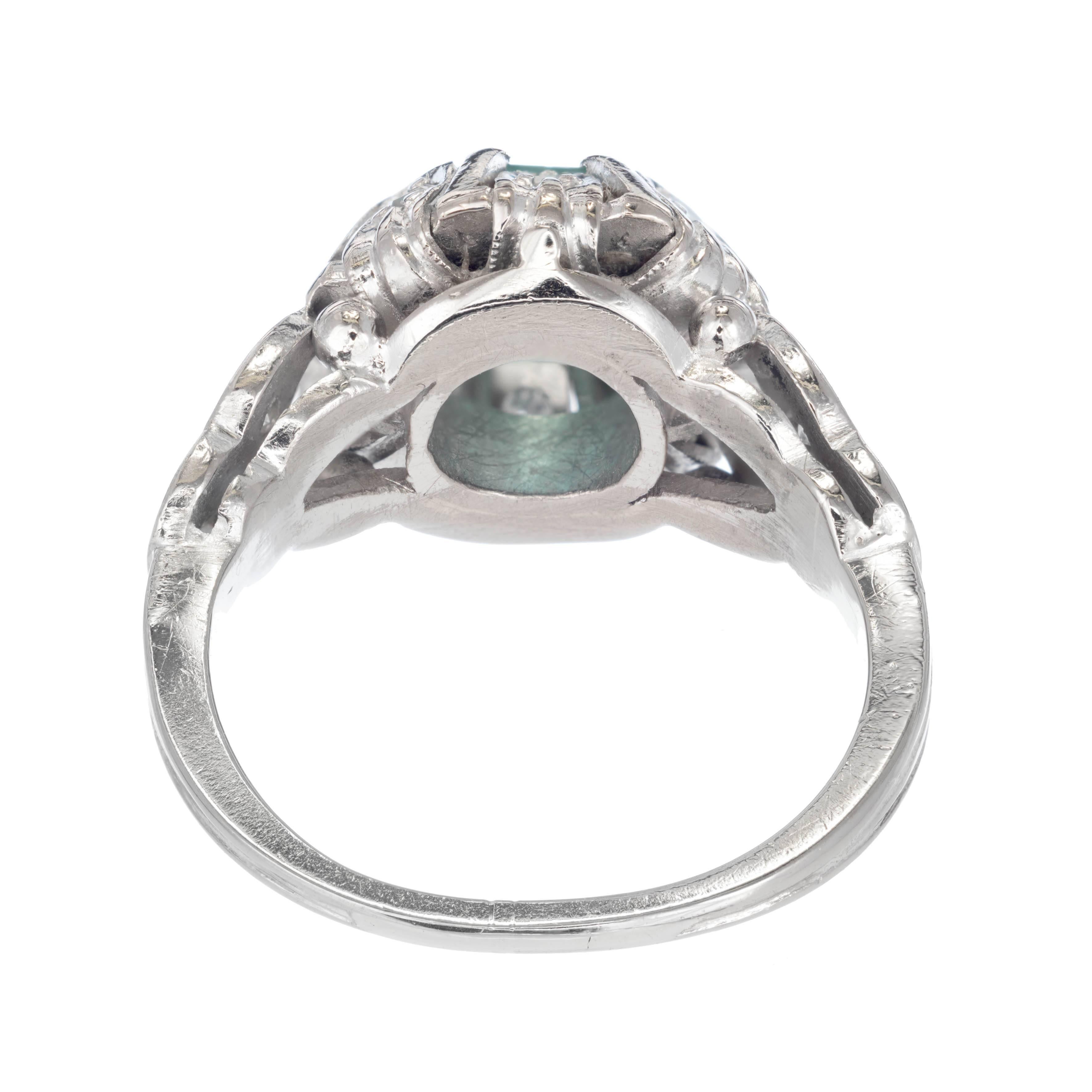 Women's .90 Carat Bright Green Emerald Diamond Platinum Victorian Engagement Ring For Sale