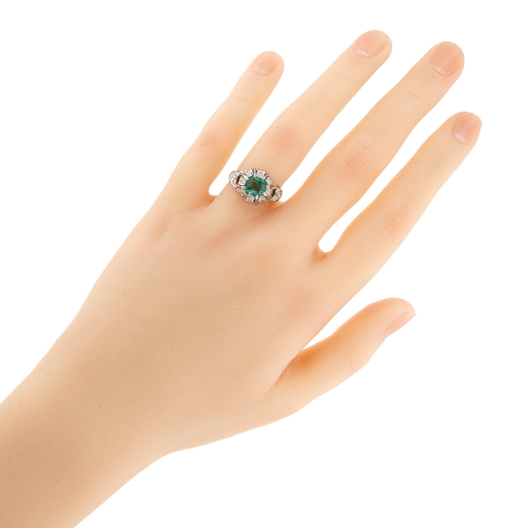 .90 Carat Bright Green Emerald Diamond Platinum Victorian Engagement Ring For Sale 3