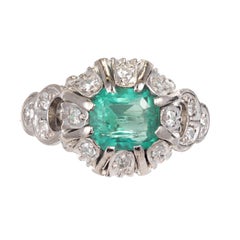 Antique .90 Carat Bright Green Emerald Diamond Platinum Victorian Engagement Ring