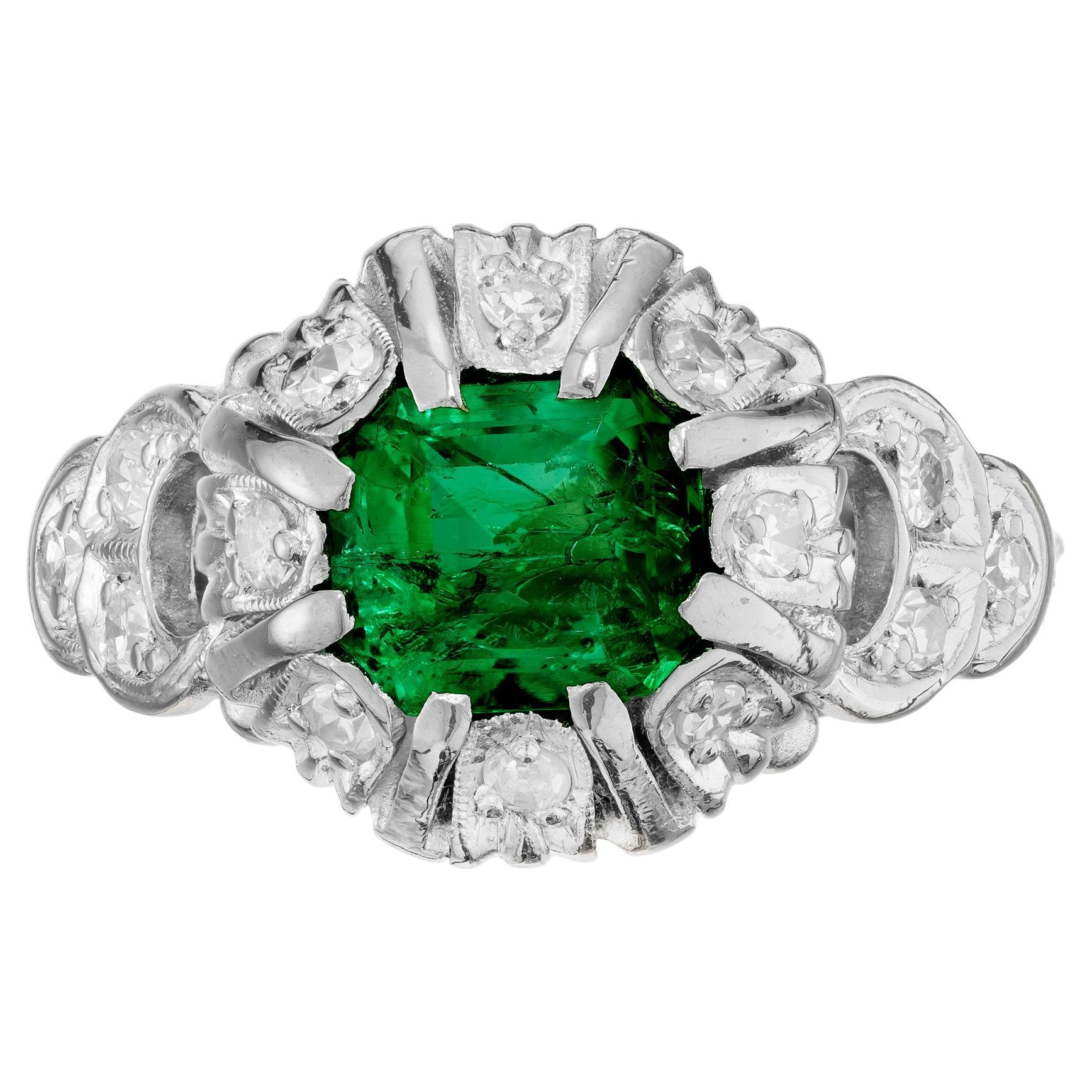.90 Carat Bright Green Emerald Diamond Platinum Victorian Engagement Ring
