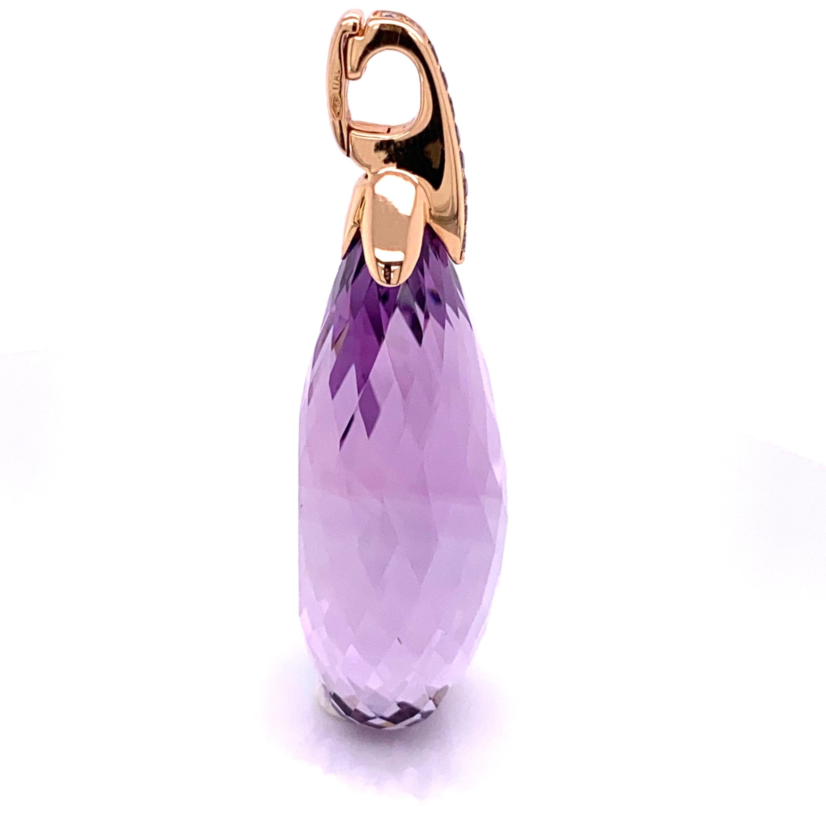 Women's 90 Carat Briolette Amethyst and Champagne Diamond Rose Gold Pendant Necklace For Sale