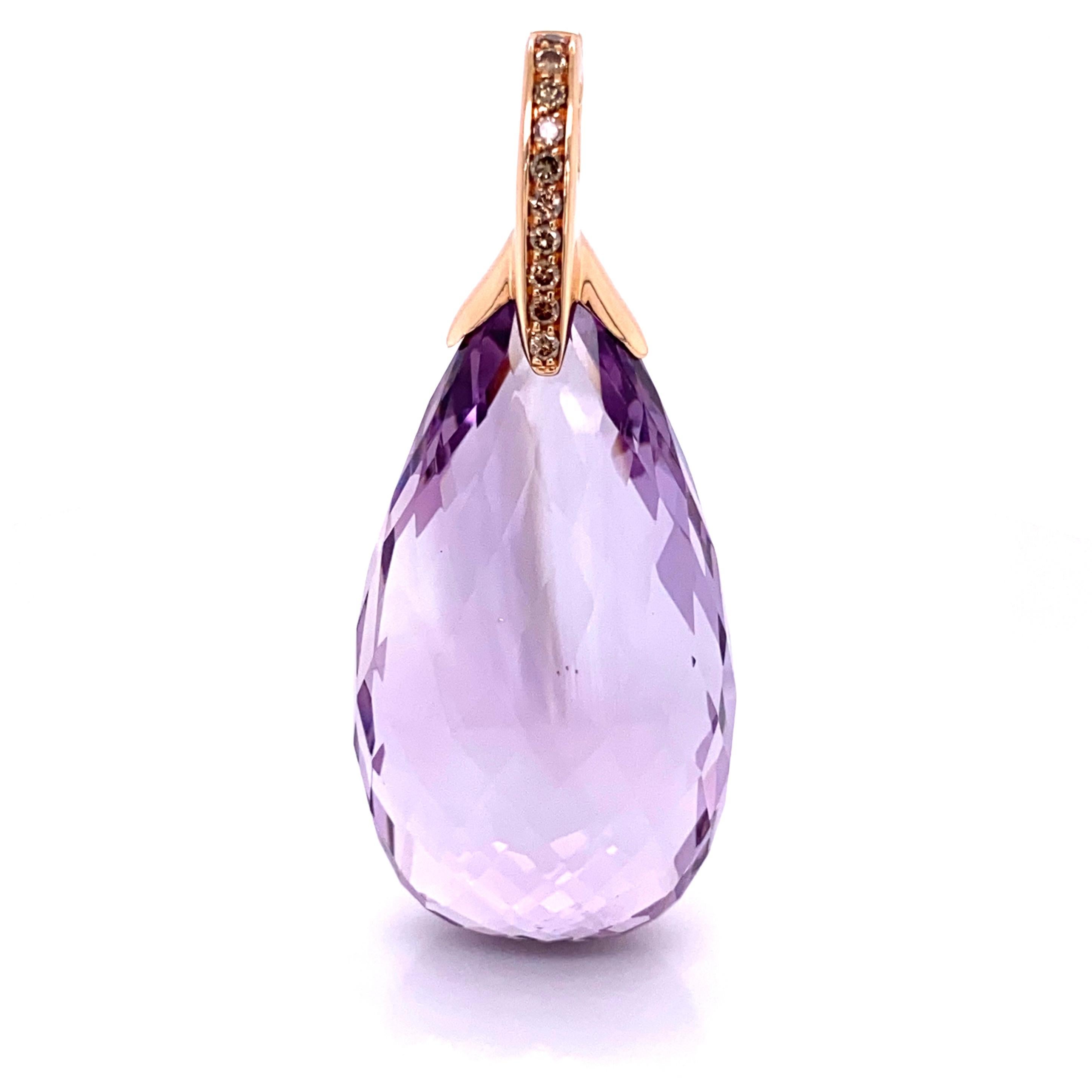 90 Carat Briolette Amethyst and Champagne Diamond Rose Gold Pendant Necklace For Sale 1