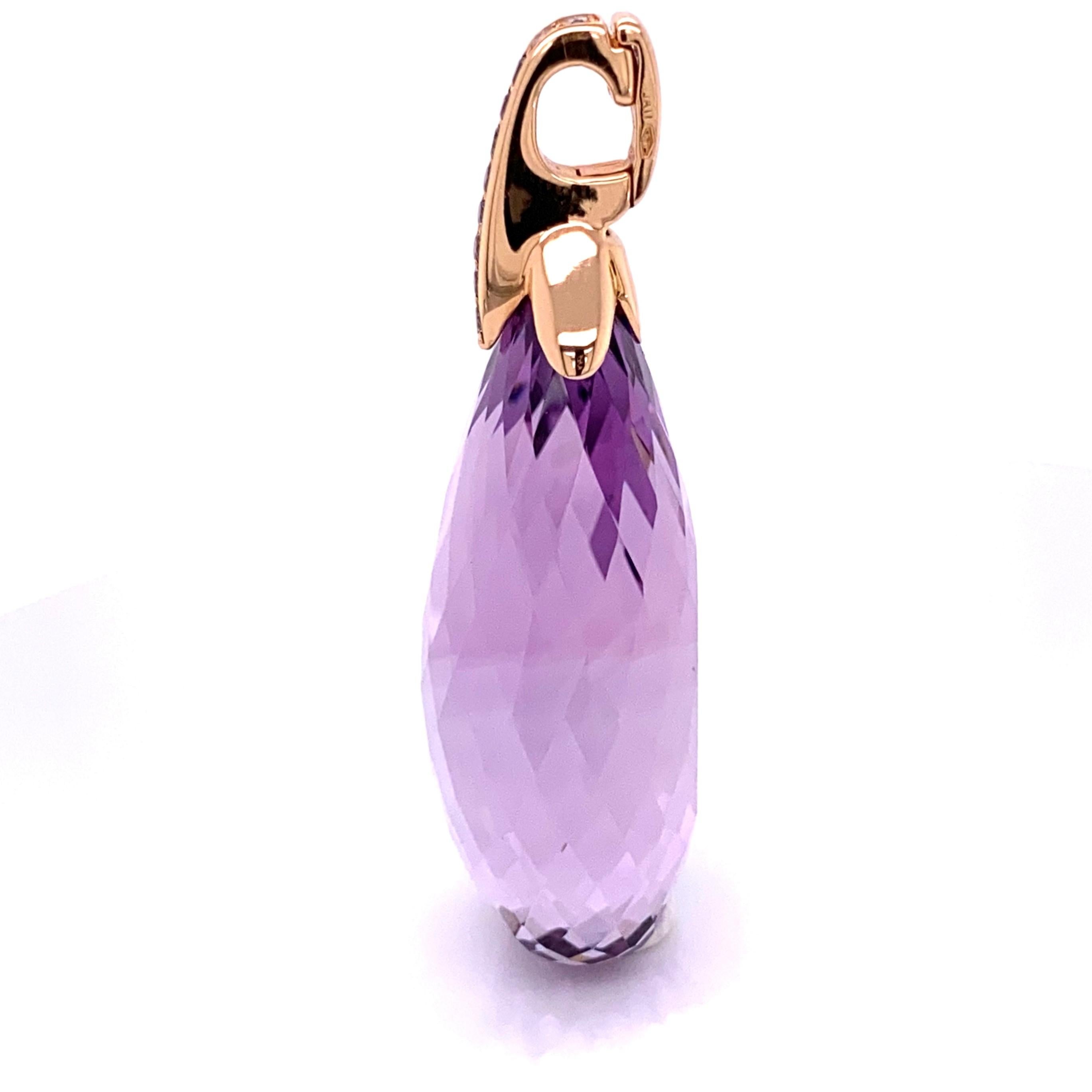 90 Carat Briolette Amethyst and Champagne Diamond Rose Gold Pendant Necklace For Sale 2