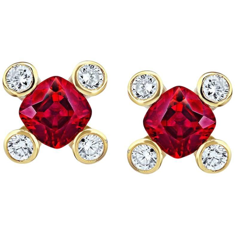 .90 Carat Cushion Red Ruby and Diamond 18k Yellow Gold Earrings For Sale