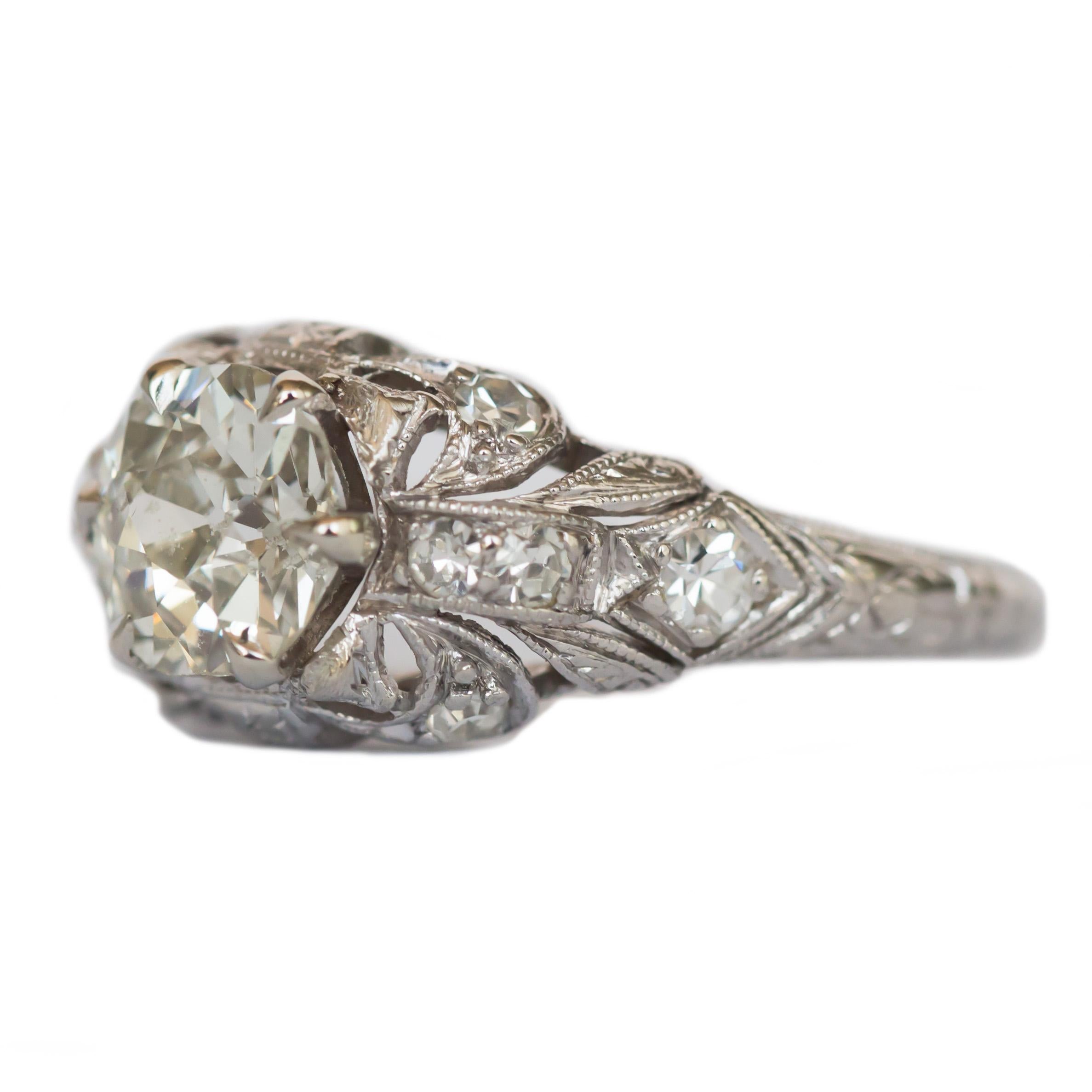 Ring Size: 5.50
Metal Type: Platinum
Weight: 2.9 grams

Center Diamond Details
Shape: Antique Cushion
Carat Weight: .90 carat
Color: J
Clarity: SI1

Side Stone Details: 
Shape: Antique Single Cut 
Total Carat Weight: .10 carat, total weight
Color: