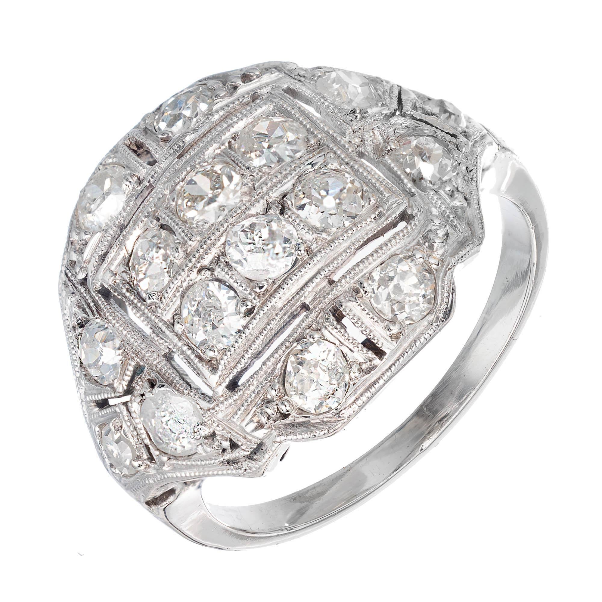 Victorian diamond ring- currant is pinkie size. Can be made larger. Simple low dome with a band set design. Circa 1890.

16 old mine H-I S1-I  diamonds, Approximate .90 carats 
Size 4.25 and sizable 
Platinum 
Tested: Platinum 
3.0 Grams
Width at