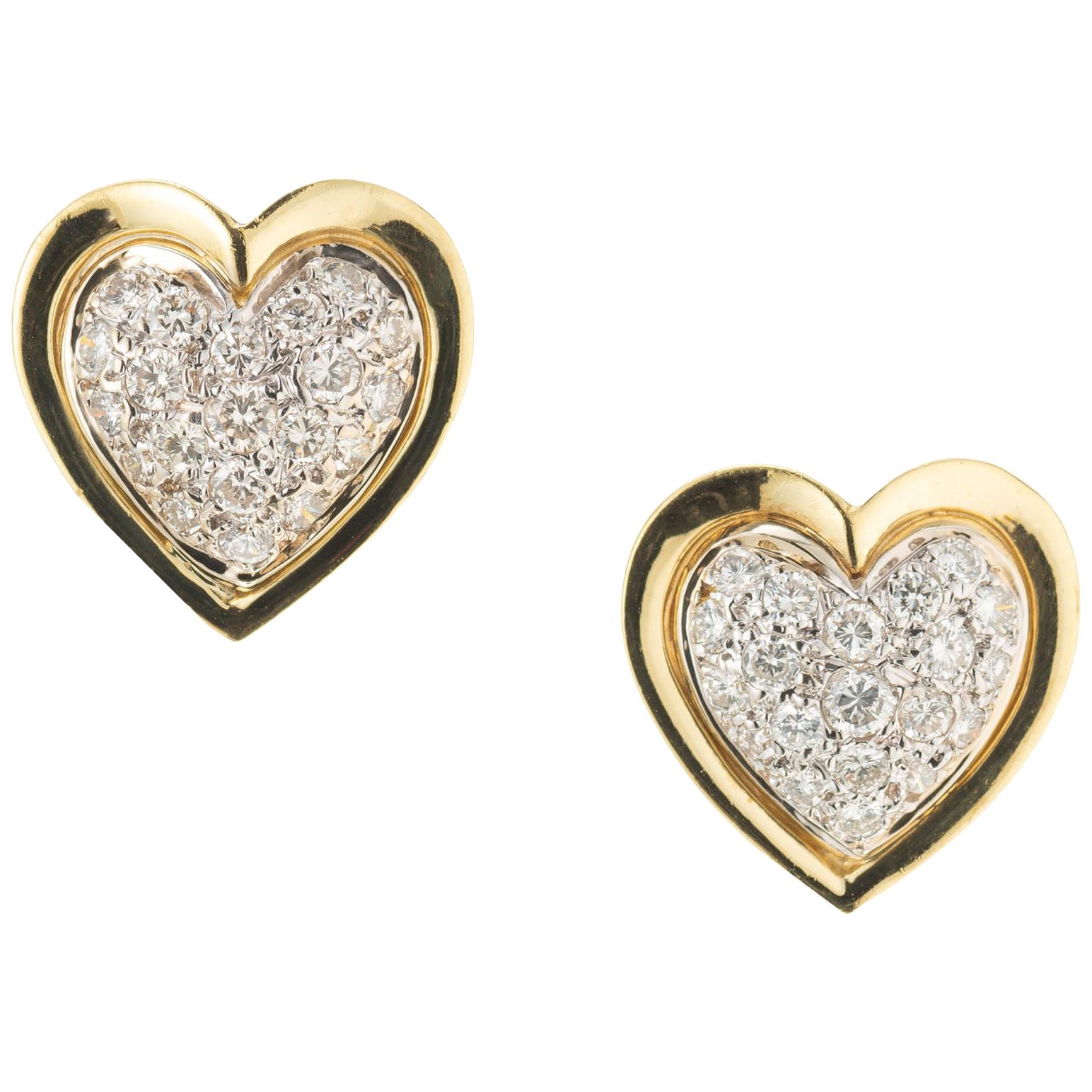 .90 Carat Diamond Two-Tone Gold Midcentury Heart Earrings For Sale