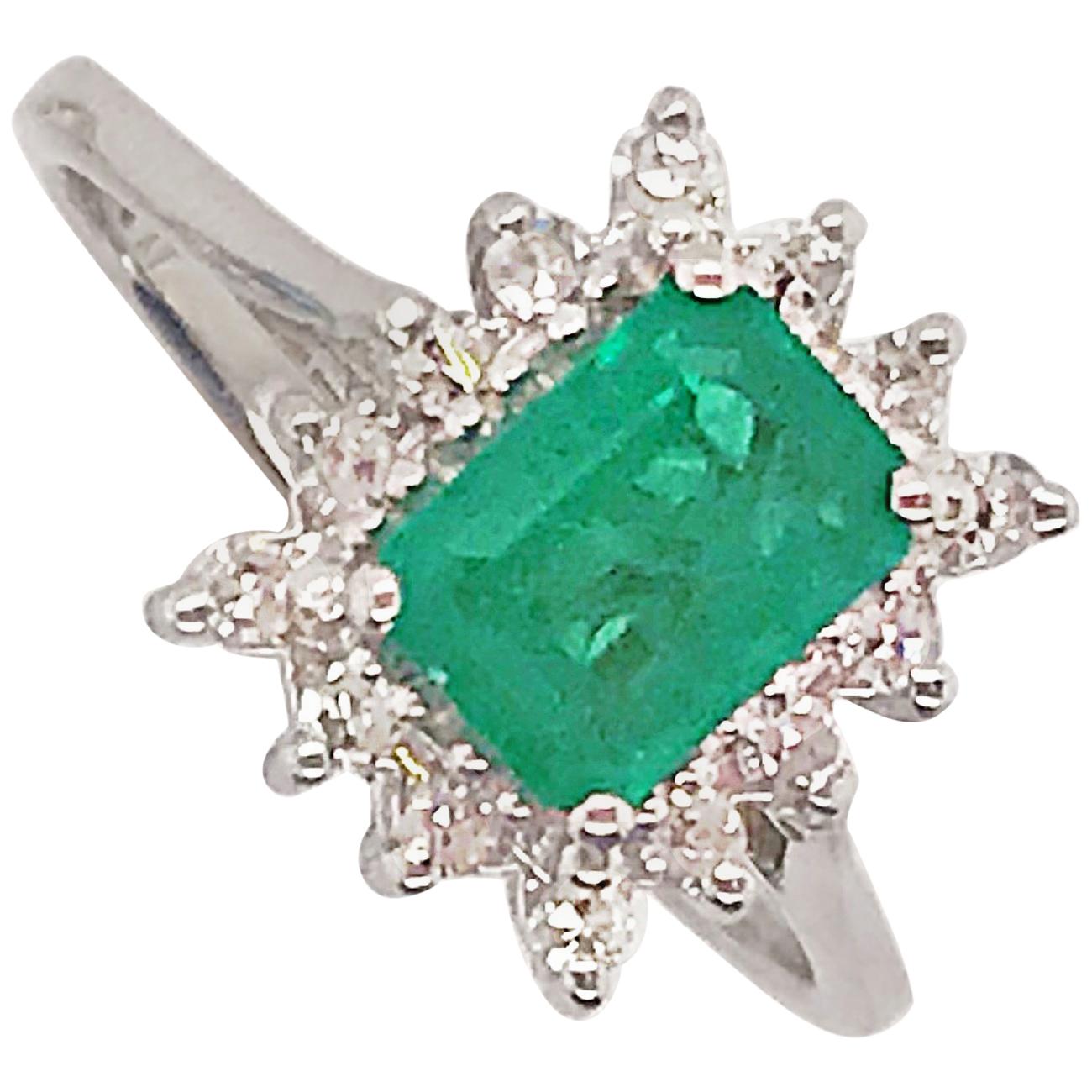 .90 Carat Emerald and Diamond Halo Ring Set in 14 Karat White Gold