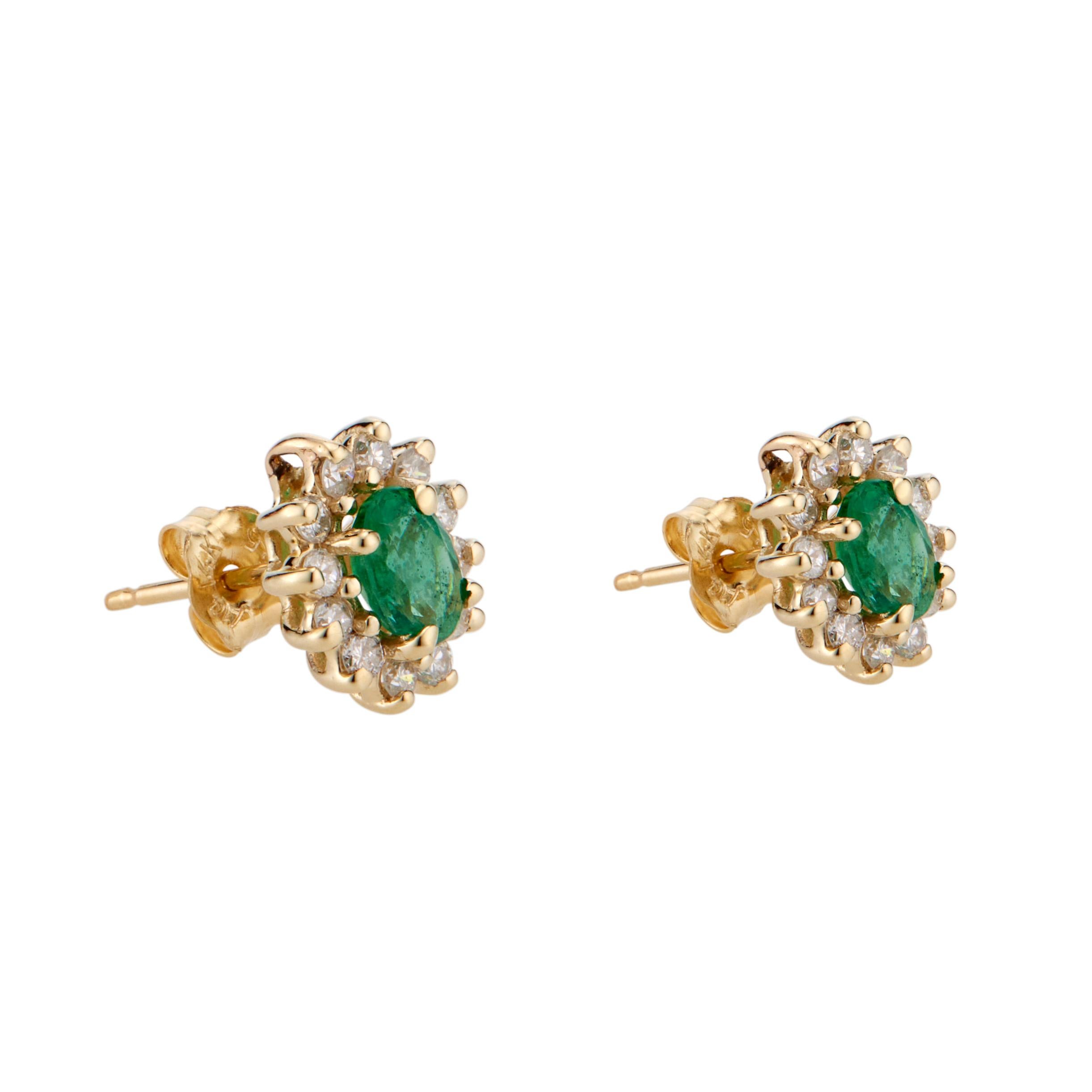 Oval Cut .90 Carat Emerald Diamond Halo Yellow Gold Earrings For Sale