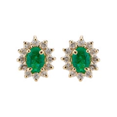 Retro .90 Carat Emerald Diamond Halo Yellow Gold Earrings