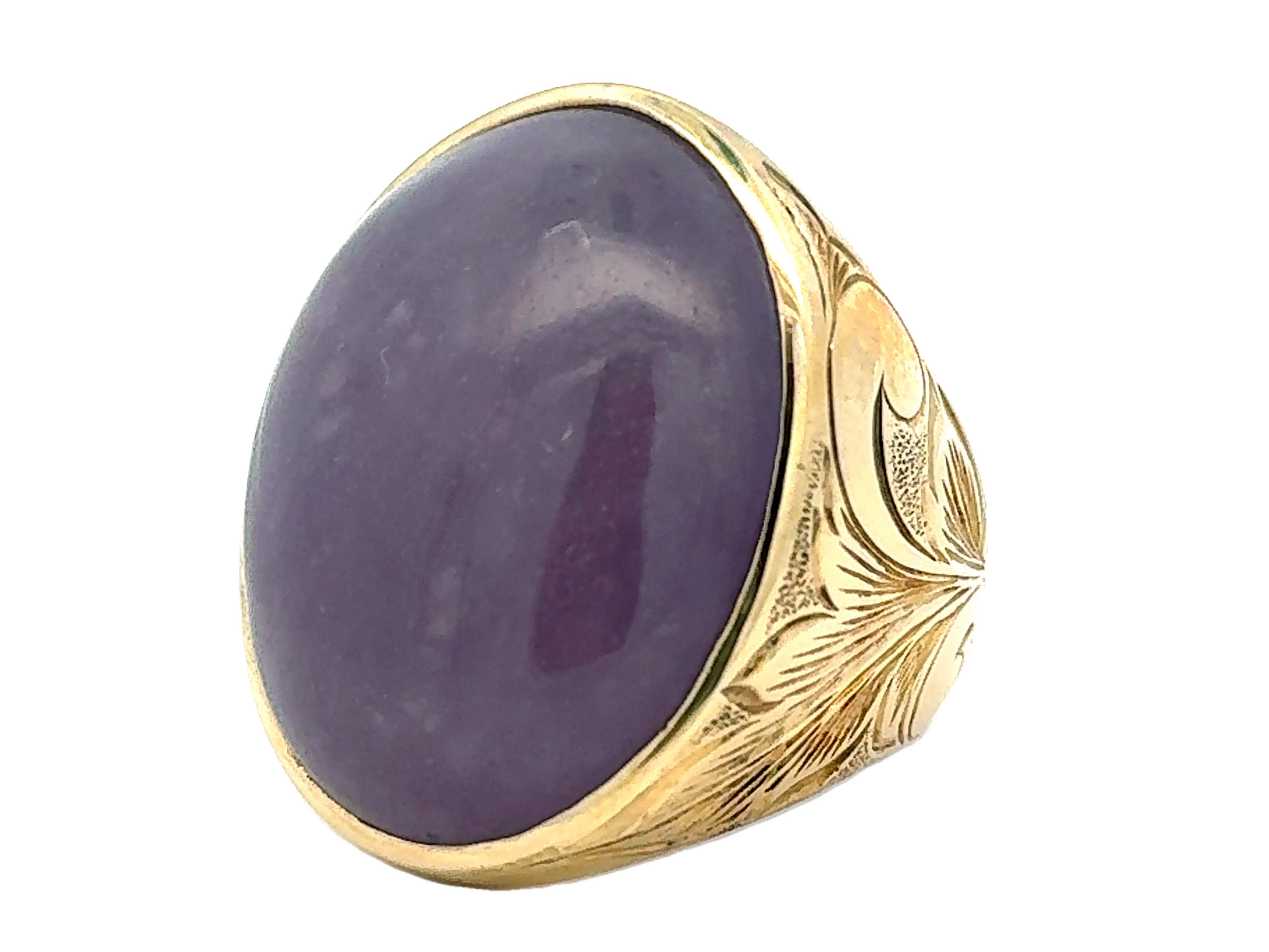 Women's 90 Carat Mens Purple Jade Cabochon Ring 14k Yellow Gold For Sale