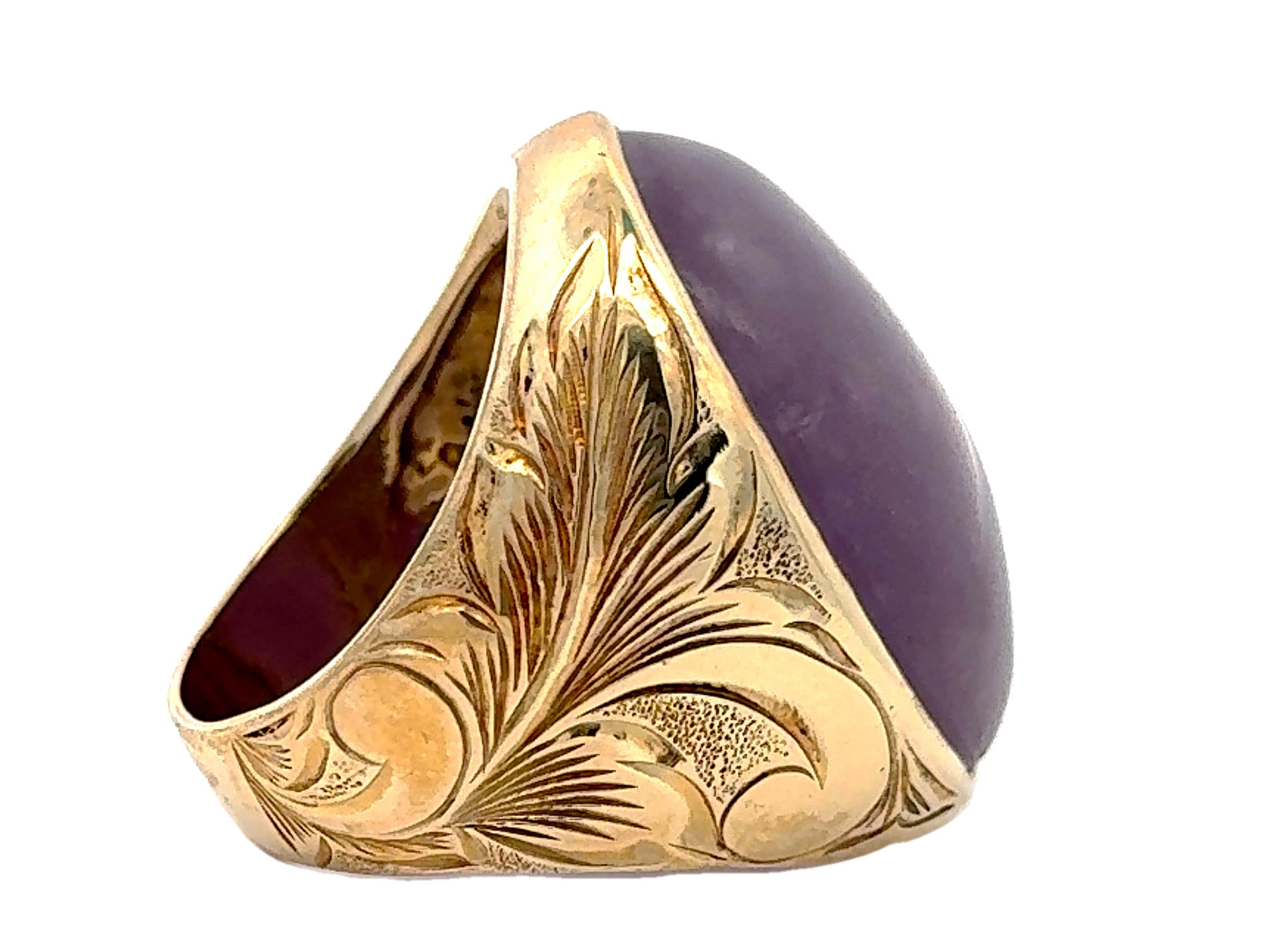 90 Carat Mens Purple Jade Cabochon Ring 14k Yellow Gold For Sale 1