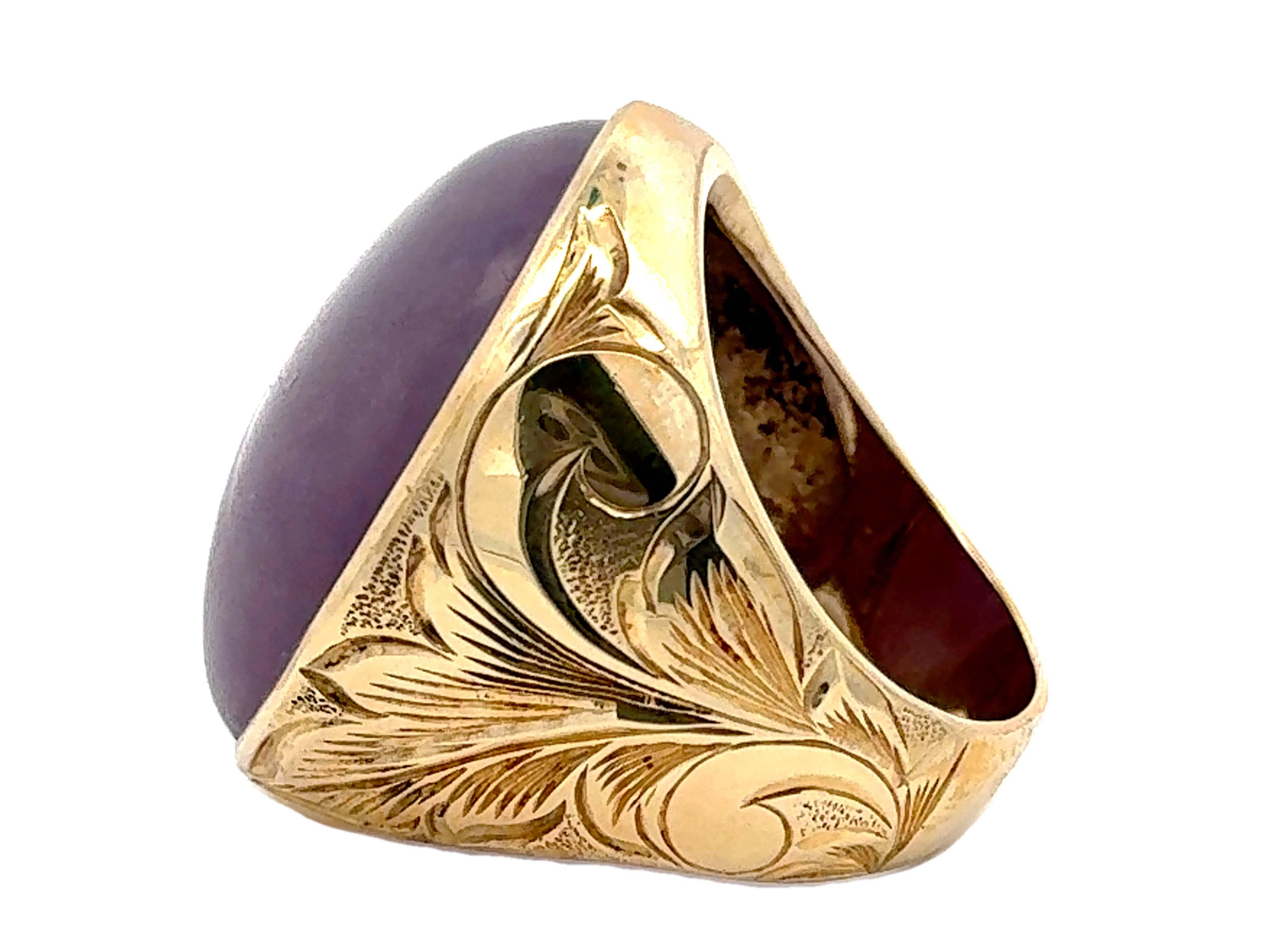 90 Carat Mens Purple Jade Cabochon Ring 14k Yellow Gold For Sale 2