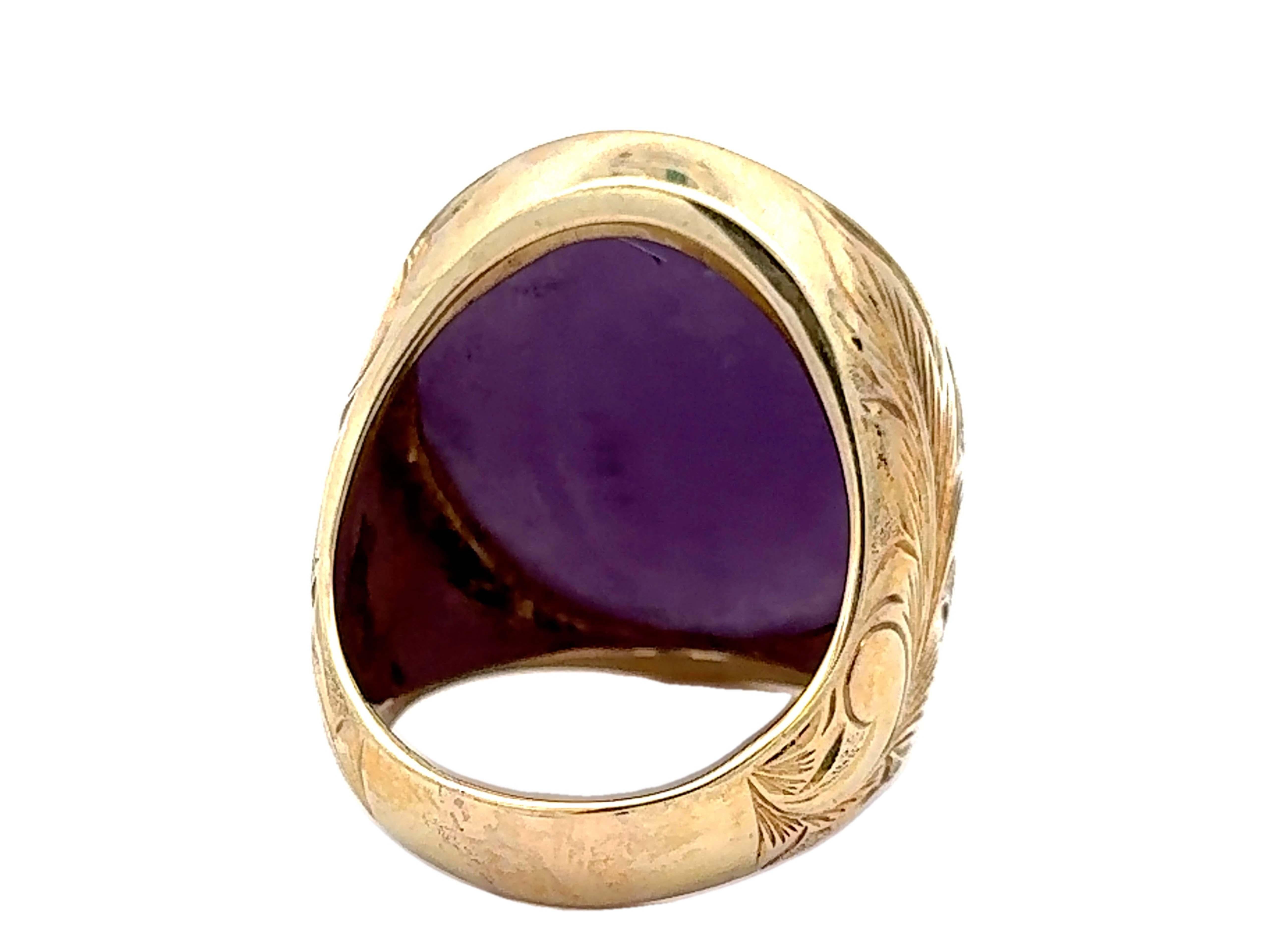 90 Carat Mens Purple Jade Cabochon Ring 14k Yellow Gold For Sale 3