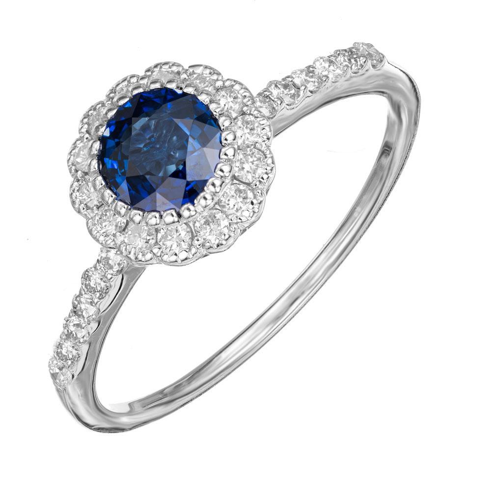 Round Cut .90 Carat Royal Blue Round Sapphire Halo Diamond Gold Engagement Ring For Sale
