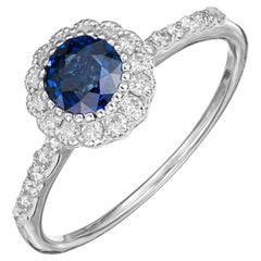 Vintage .90 Carat Royal Blue Round Sapphire Halo Diamond Gold Engagement Ring