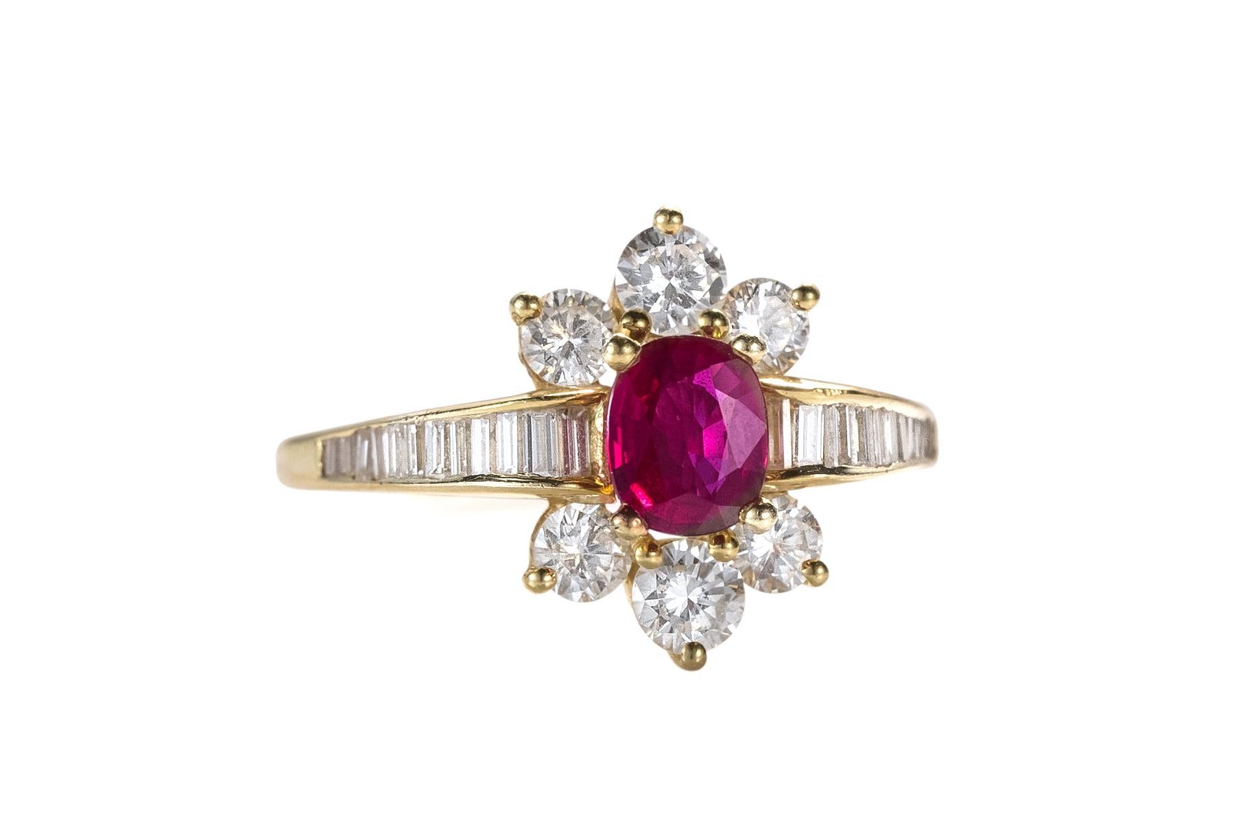 Oval Cut .90 Carat Ruby and .90 Carat Diamond Ring, 18 Karat Gold For Sale