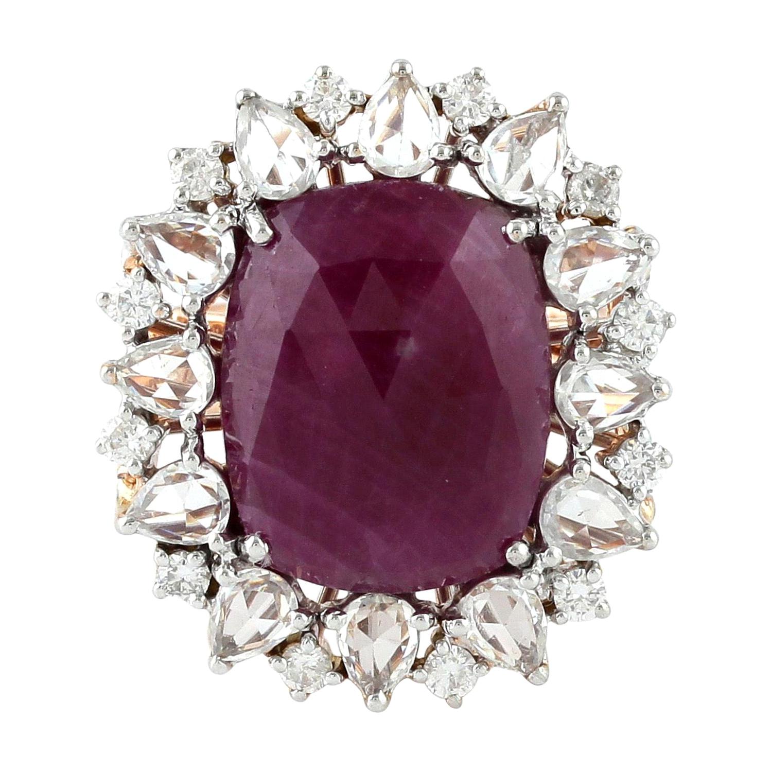 9.0 Carat Ruby Diamond Sapphire 18 Karat Cocktail Ring For Sale