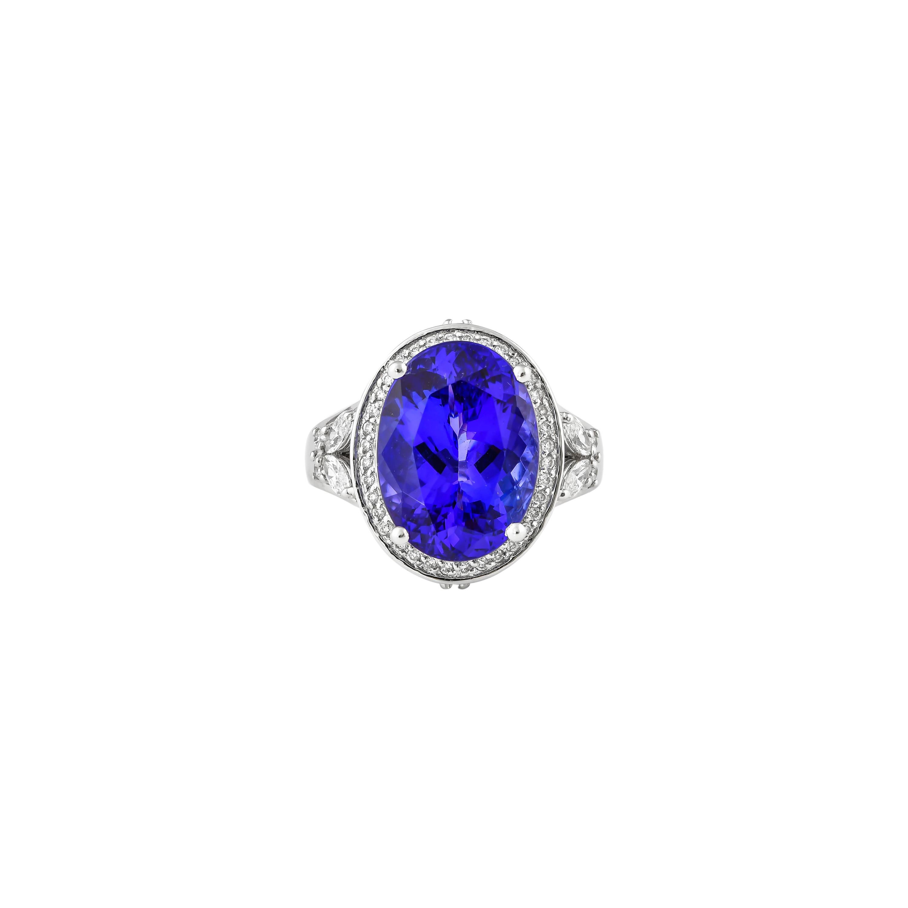 Oval Cut 9.0 Carat Tanzanite and White Diamond Ring in 18 Karat White Gold For Sale
