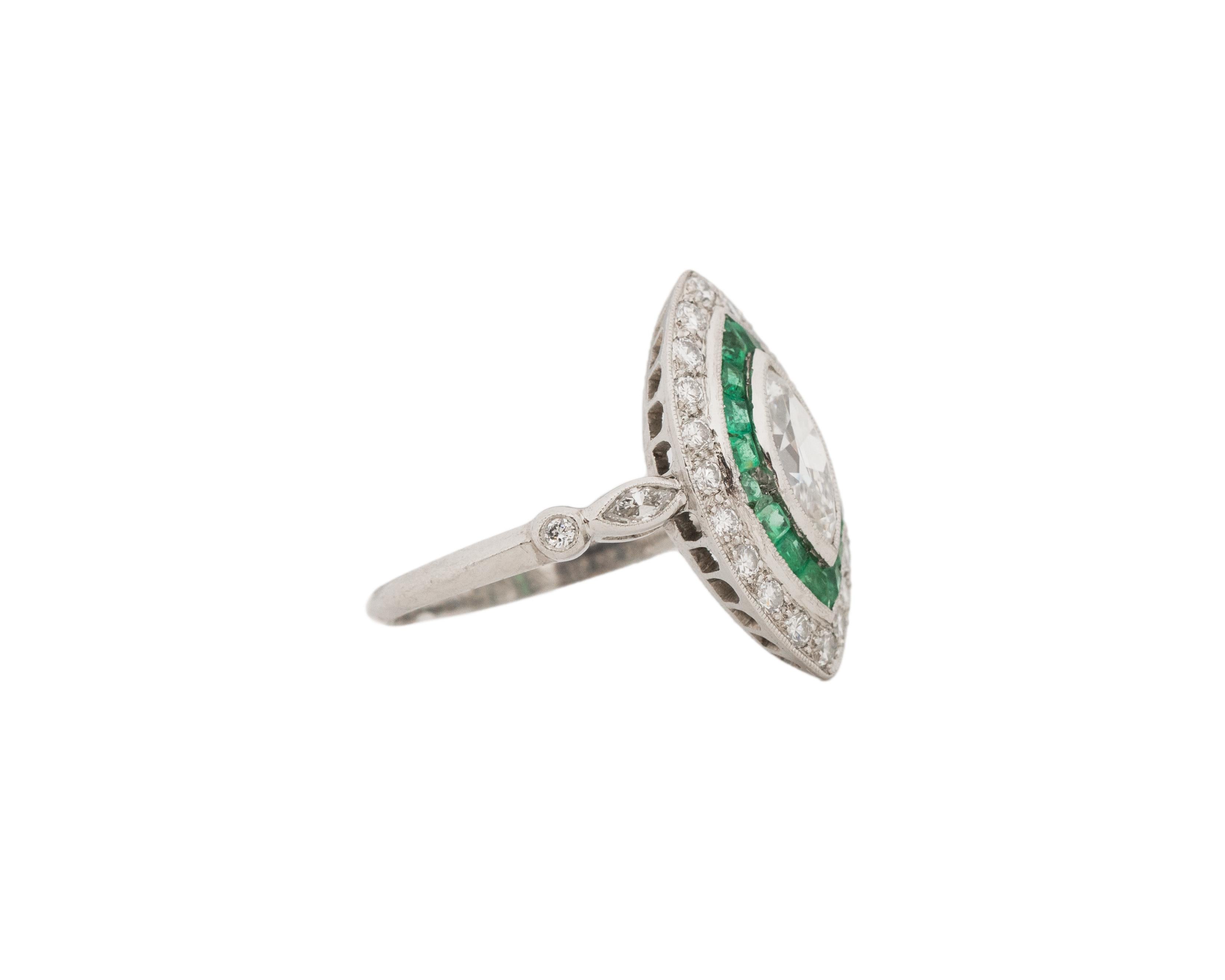 Emerald Cut .90 Carat Total Weight Art Deco Diamond Emerald Platinum Engagement Ring For Sale
