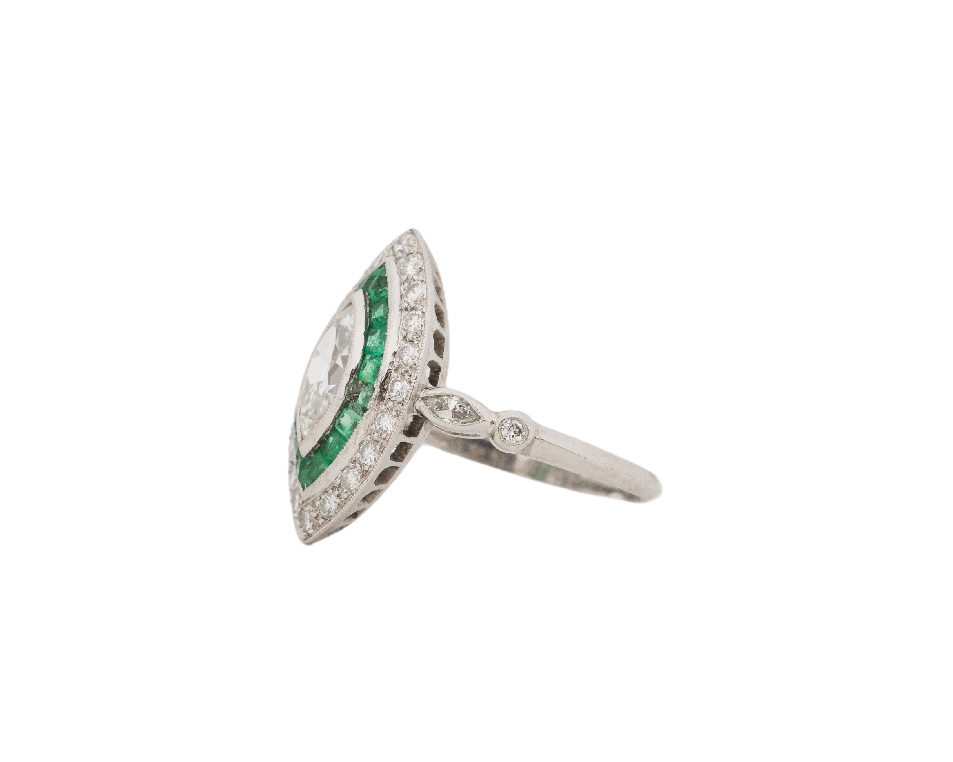 .90 Carat Total Weight Art Deco Diamond Emerald Platinum Engagement Ring In Good Condition For Sale In Atlanta, GA