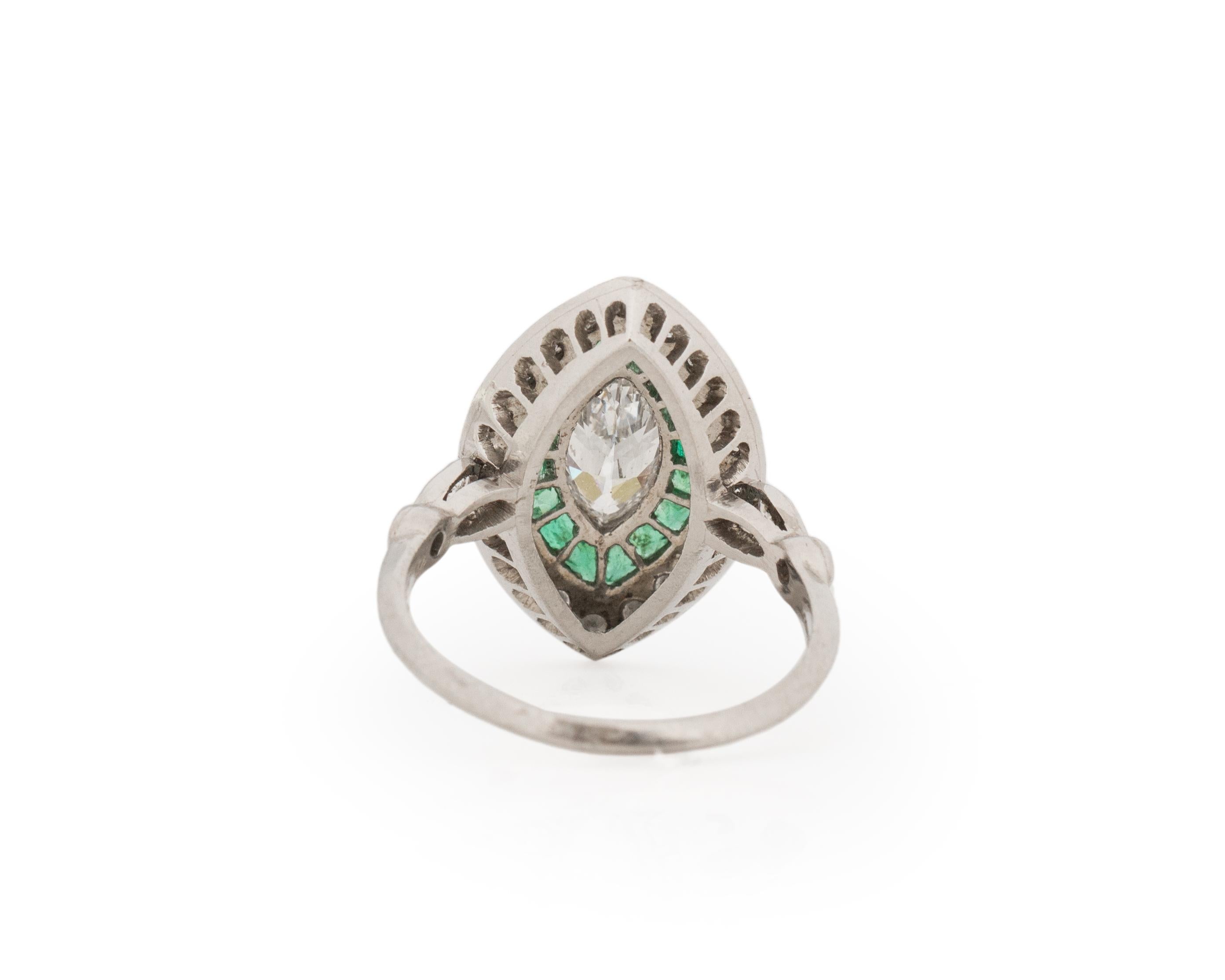 Women's .90 Carat Total Weight Art Deco Diamond Emerald Platinum Engagement Ring For Sale