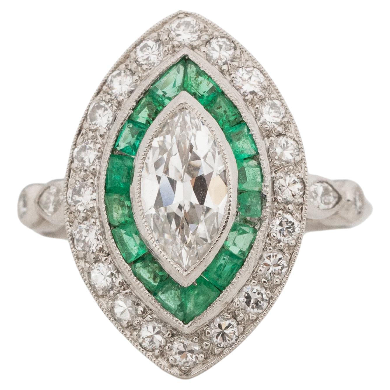 .90 Carat Total Weight Art Deco Diamond Emerald Platinum Engagement Ring