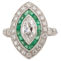 Antique .90 Carat Total Weight Art Deco Diamond Emerald Platinum Engagement Ring