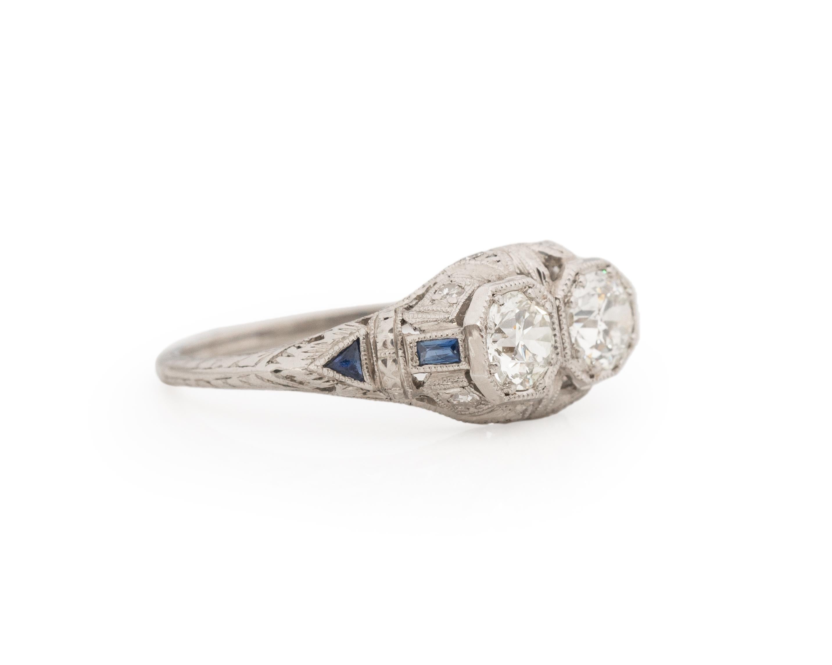 Ring Size: 8
Metal Type: Platinum [Hallmarked, and Tested]
Weight: 3.3 grams

Diamond Details:
Weight: .90ct total weight
Cut: Old European brilliant
Color: I/J
Clarity: VS
Type: Natural

Finger to Top of Stone Measurement: 4.5mm
Shank/Band Width: