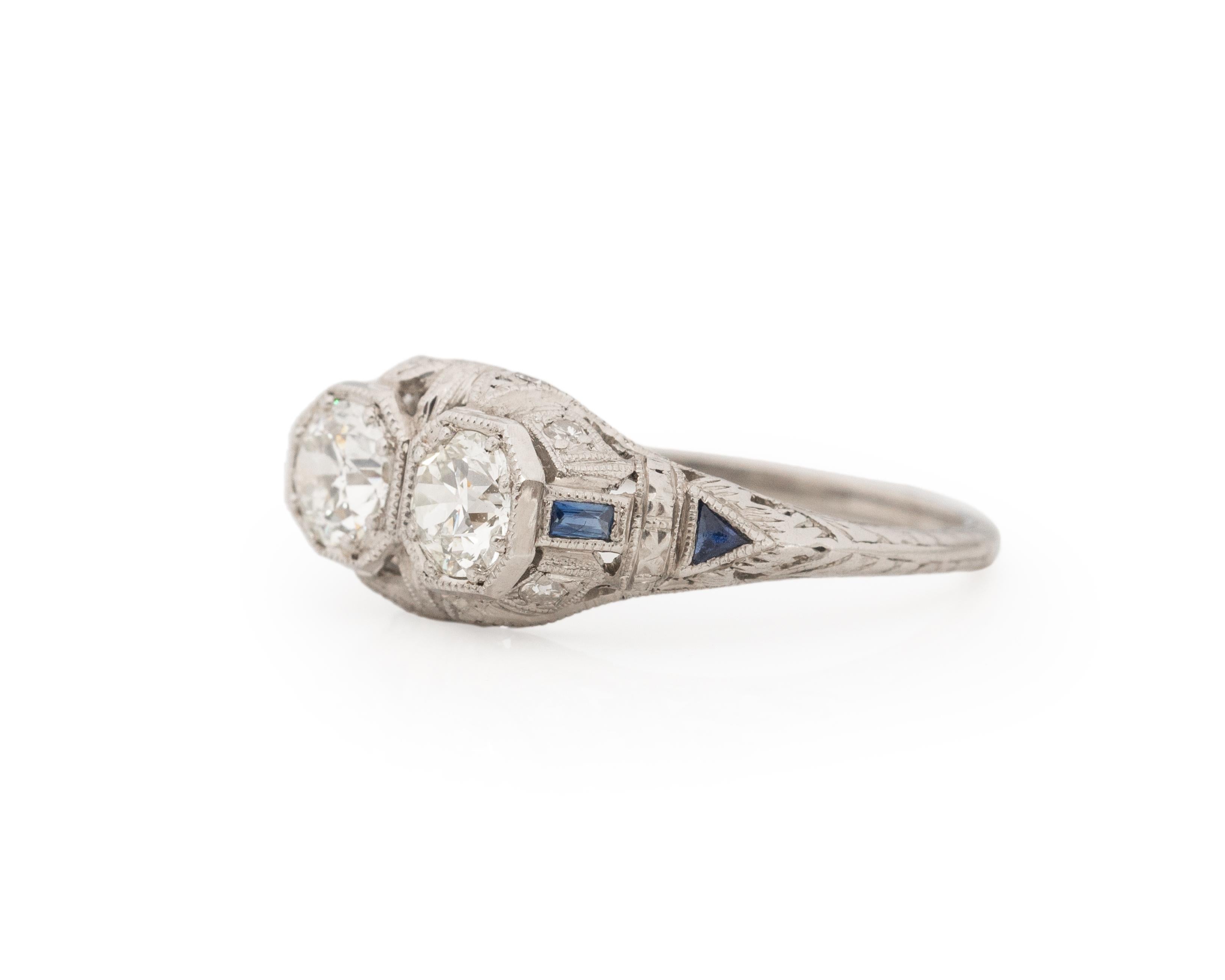 Old European Cut .90 Carat Total Weight Art Deco Diamond Platinum Engagement Ring For Sale