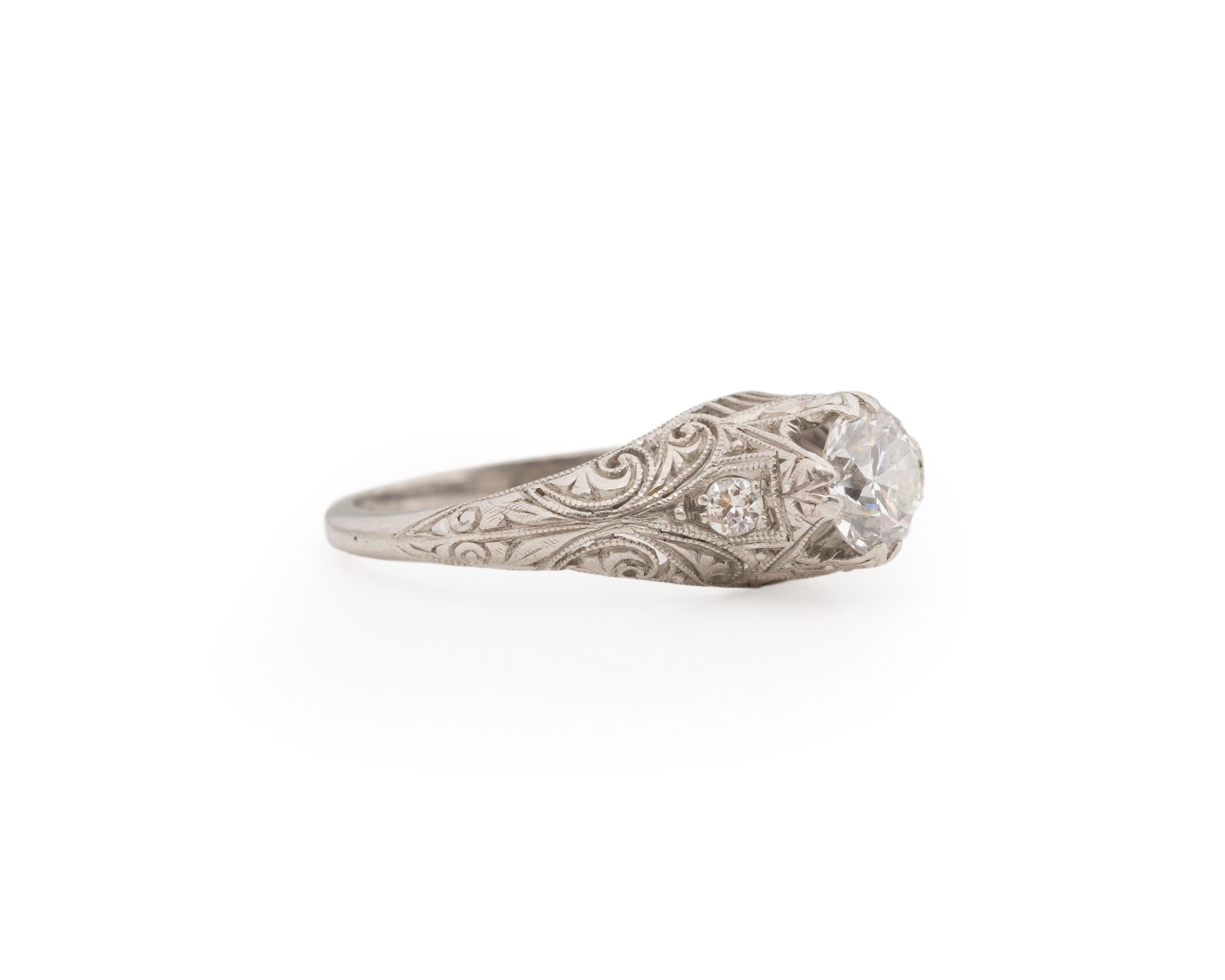 Year: 1920s

Item Details:
Ring Size: 7.25
Metal Type: Platinum [Hallmarked, and Tested]
Weight: 4.2 grams

Diamond Details:
Weight: .90ct total weight
Cut: Old European brilliant
Color: F
Clarity: VS
Type: Natural

Finger to Top of Stone