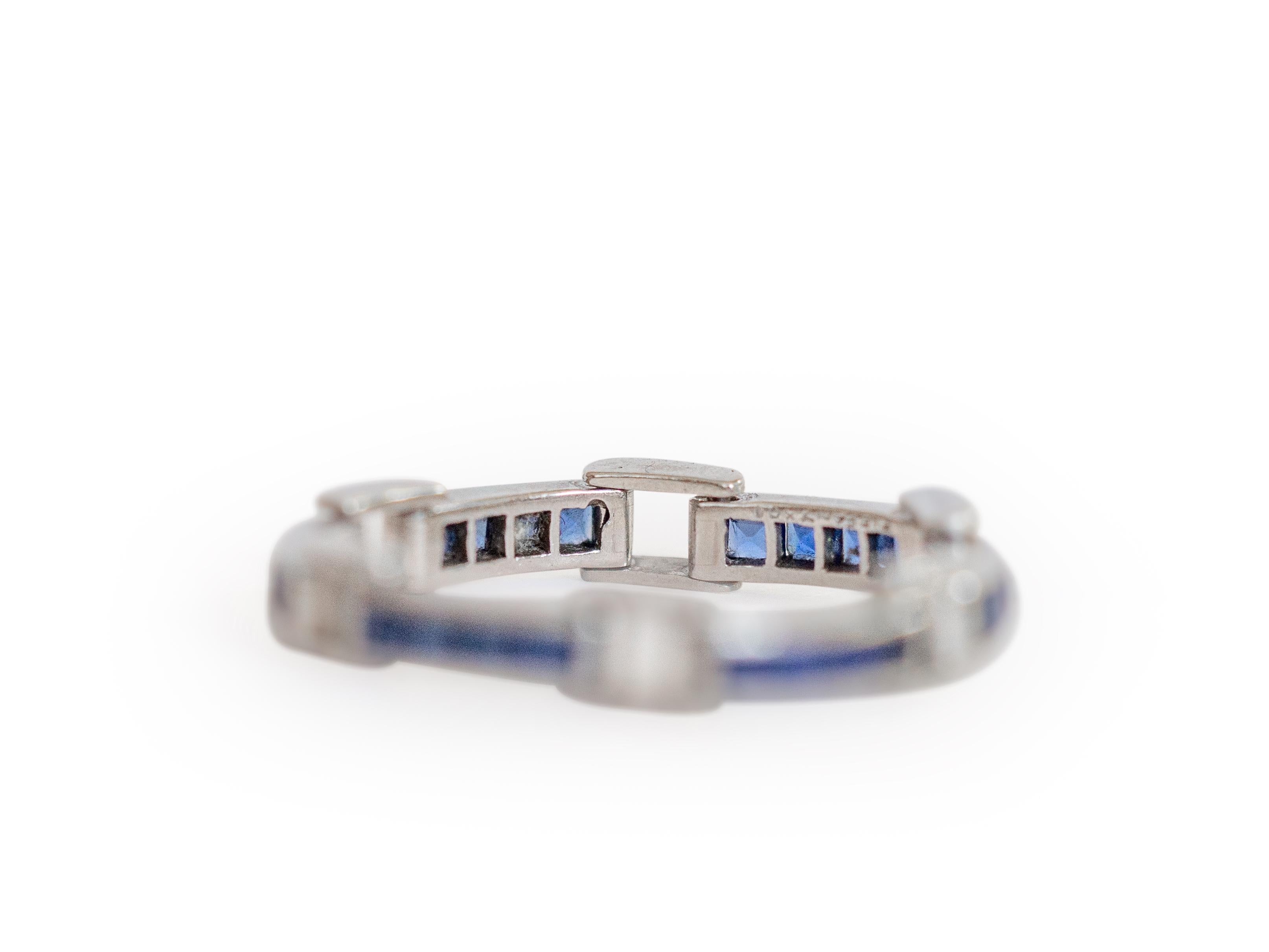 Ring Size: 6.5
Metal Type: Platinum  [Hallmarked, and Tested]
Weight:  4 grams


Sapphire Details:
Weight: .90 carat, total weight
Cut: Square Step Cut
Color: Blue
Clarity: VS

Finger to Top of Stone Measurement: 2mm
Condition:  Excellent