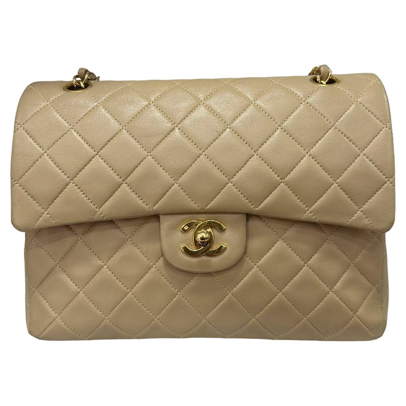 ‘90 Chanel Flap Vintage Beige Leather Shoulder Bag For Sale