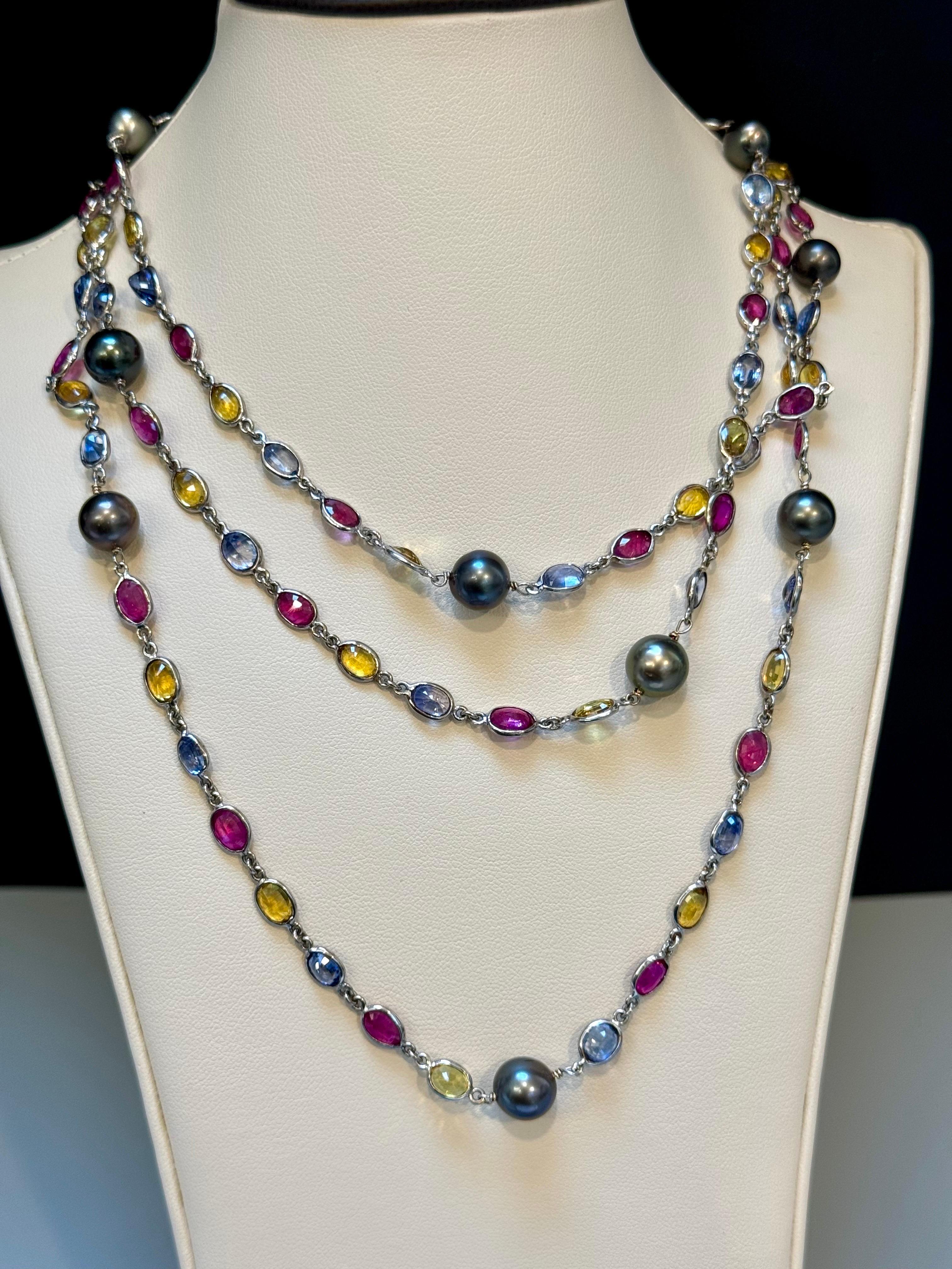 90 Ct Bezel-Set Multi-Sapphire Station Necklace & Tahitian pearl 18kt Gold 50 