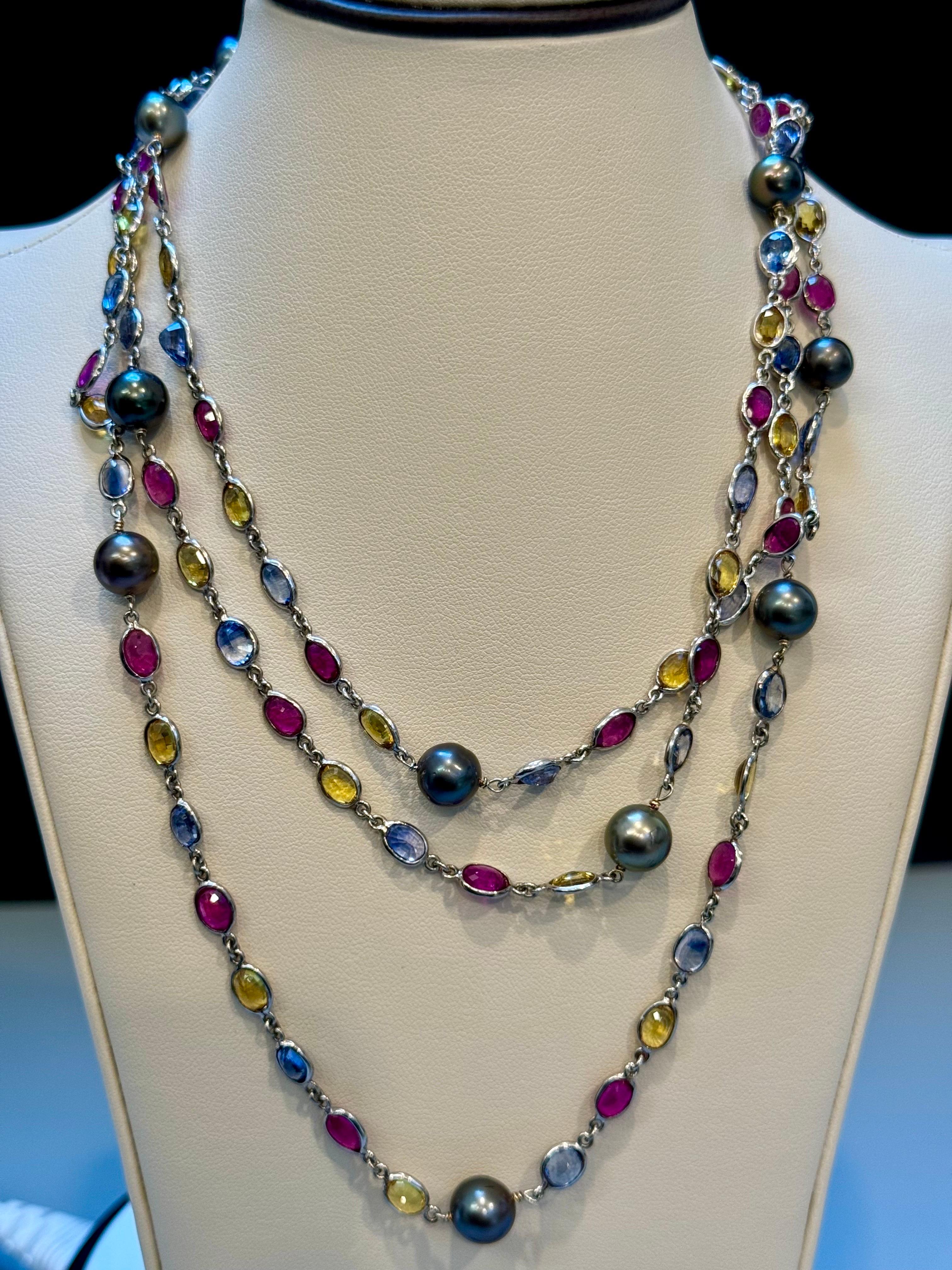 90 Ct Bezel-Set Multi-Sapphire Station Necklace & Tahitian pearl 18kt Gold 50 