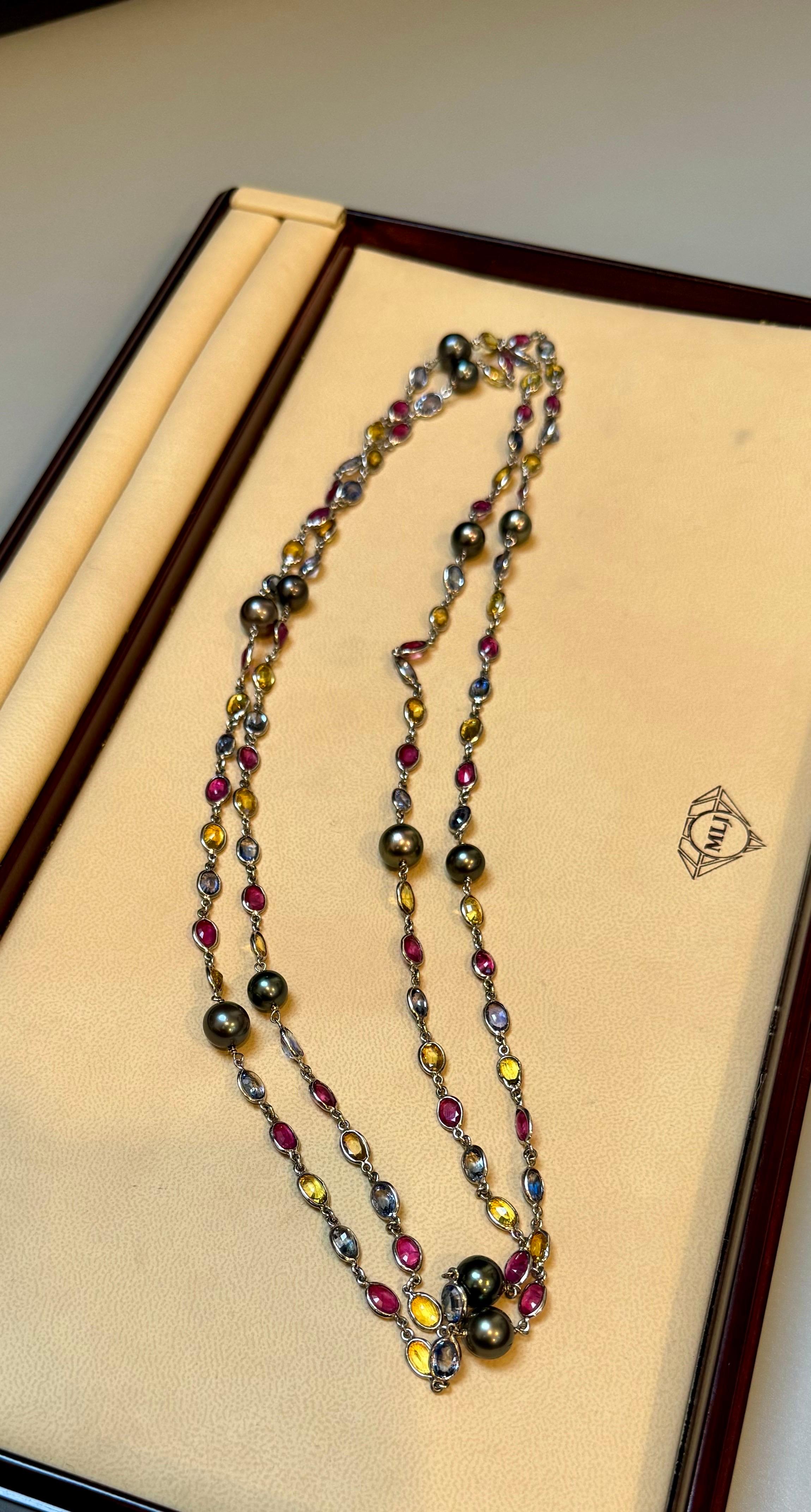 90 Ct Bezel-Set Multi-Sapphire Station Necklace & Tahitian pearl 18kt Gold 50 
