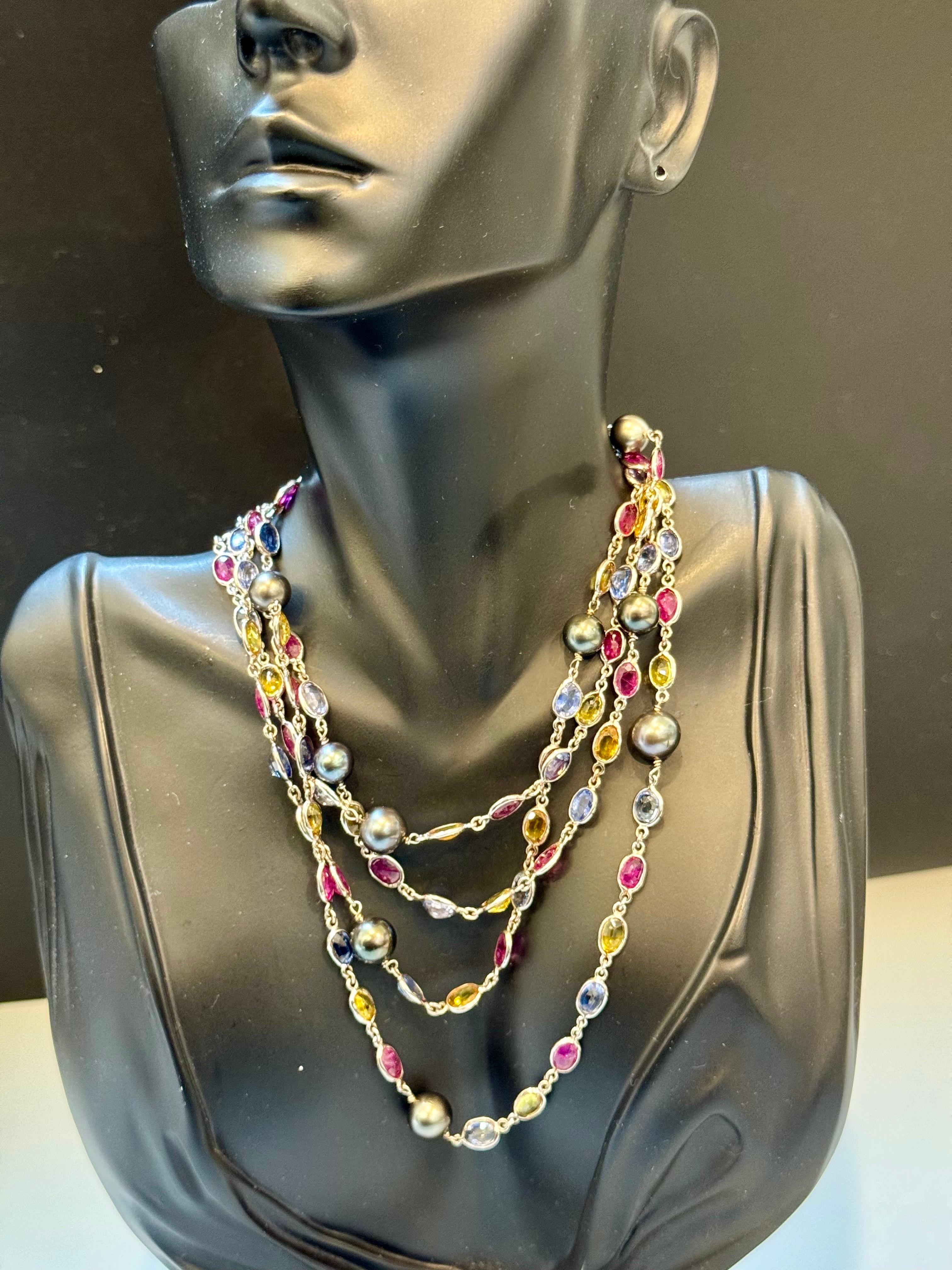 Women's 90 Ct Bezel-Set Multi-Sapphire Station Necklace & Tahitian pearl 18kt Gold 50 