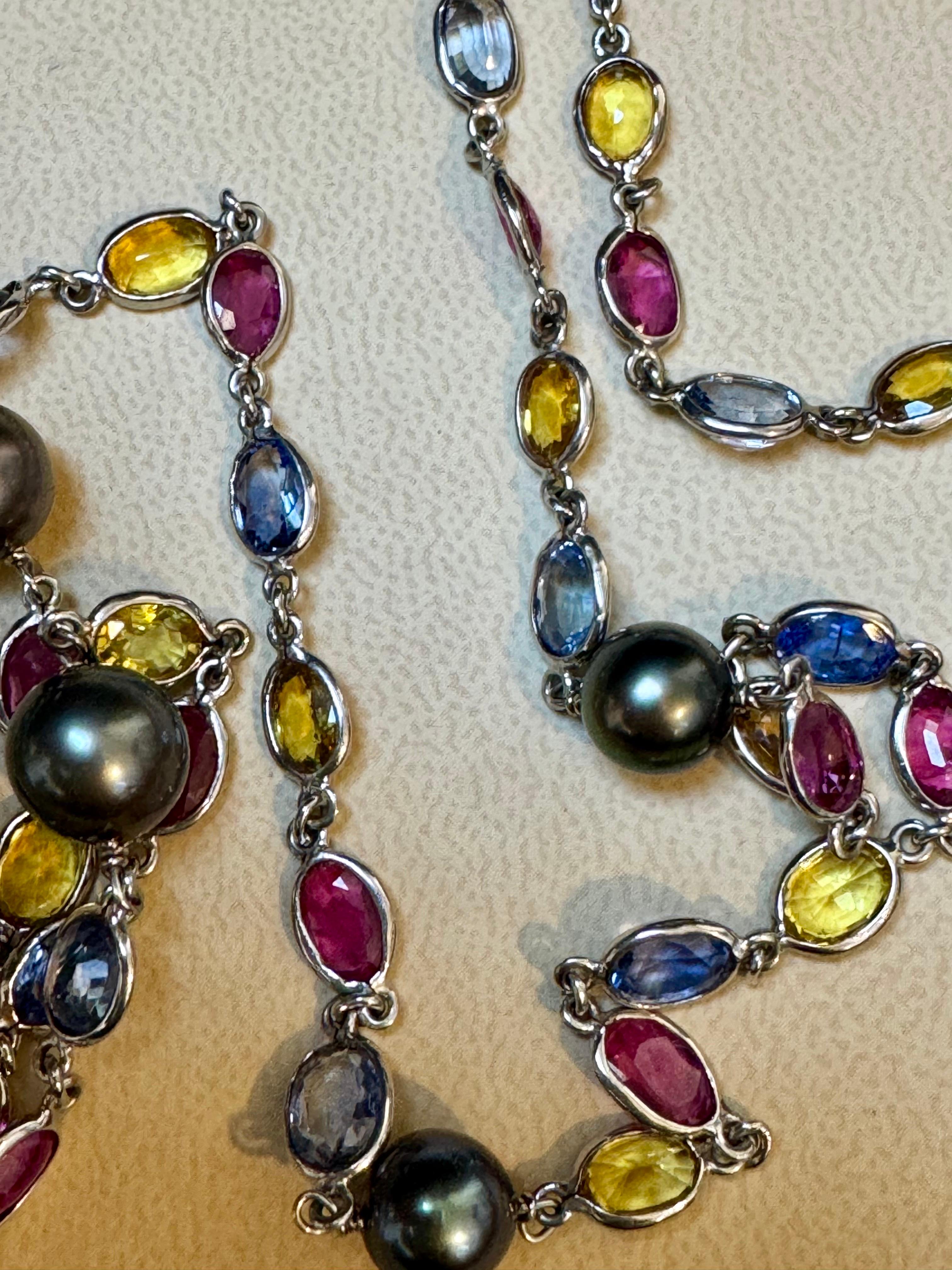90 Ct Bezel-Set Multi-Sapphire Station Necklace & Tahitian pearl 18kt Gold 50 