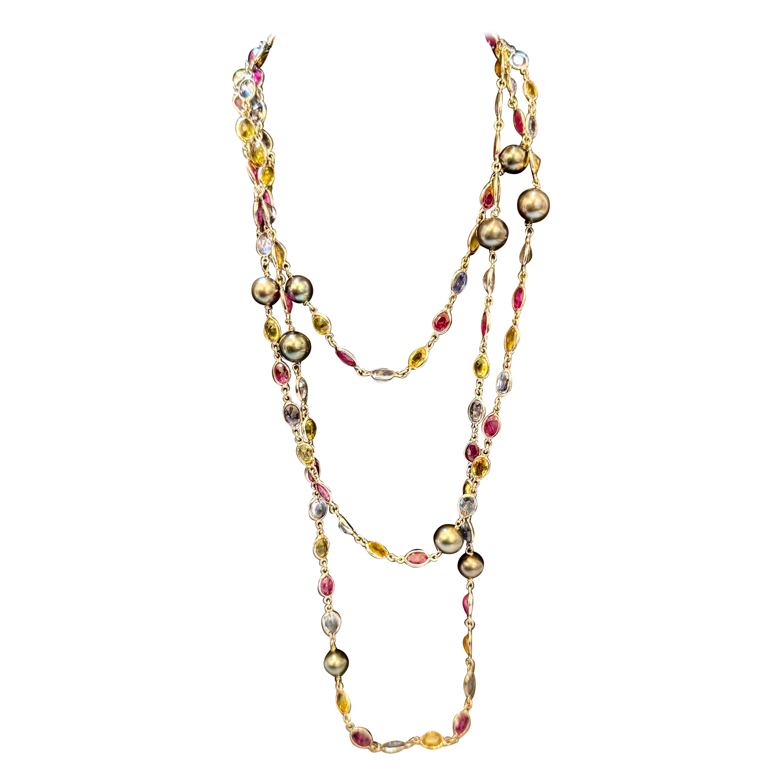 90 Ct Bezel-Set Multi-Sapphire Station Necklace 
Tahitian pearl 18kt Gold 50 "