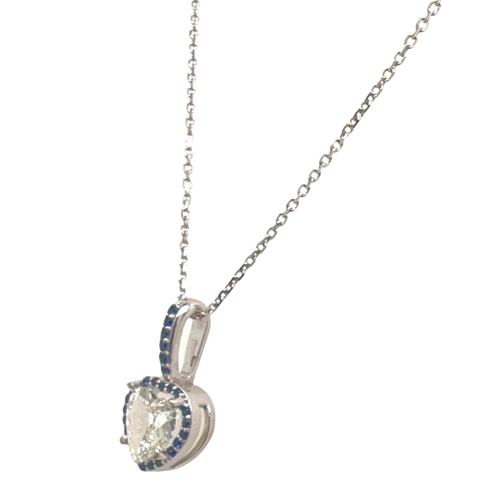 Modern .90 CT Diamond Heart Sapphire White Gold Pendant Necklace GIA Certified Diamond For Sale
